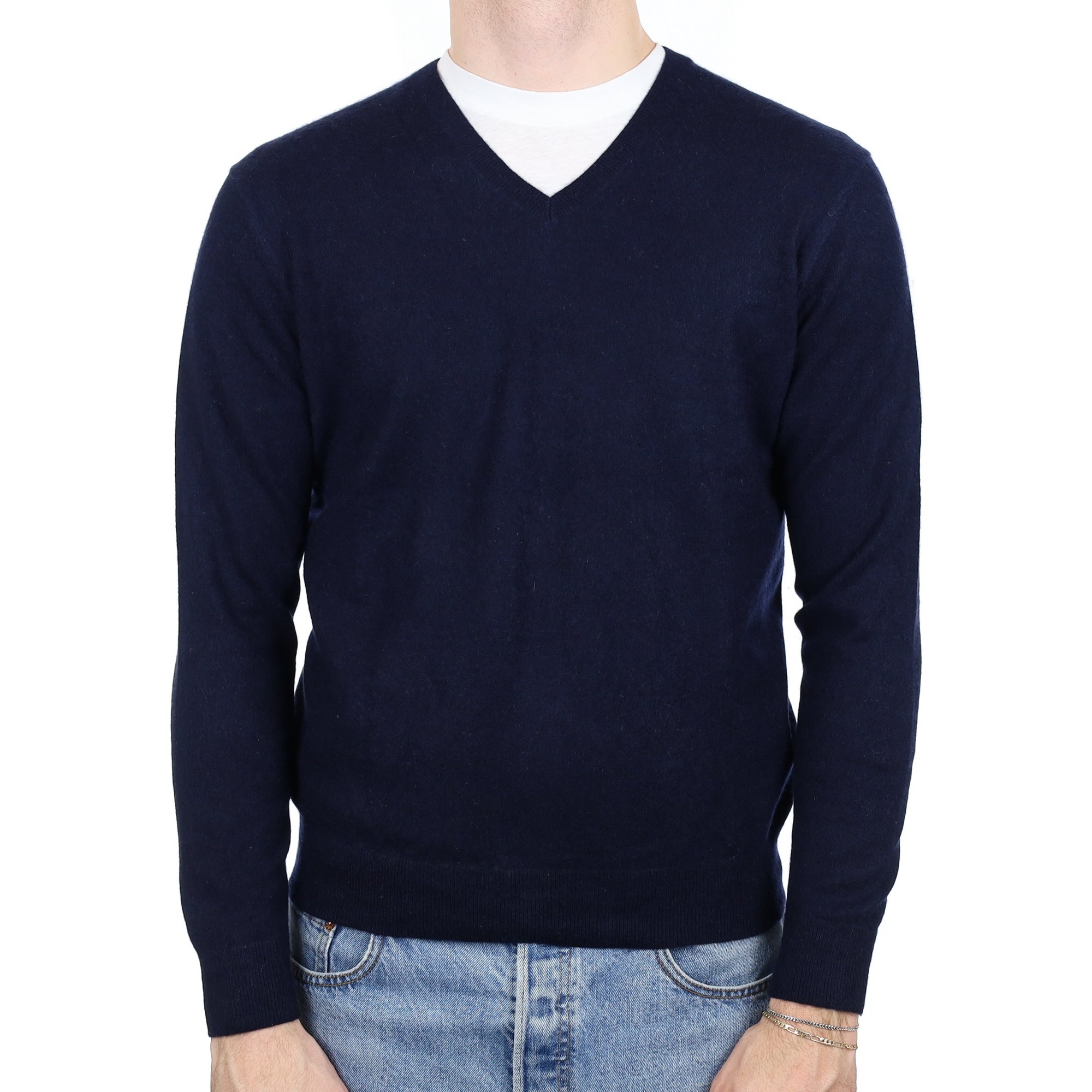 Men's Navy Blue Cashmere V Neck Jumper Medium