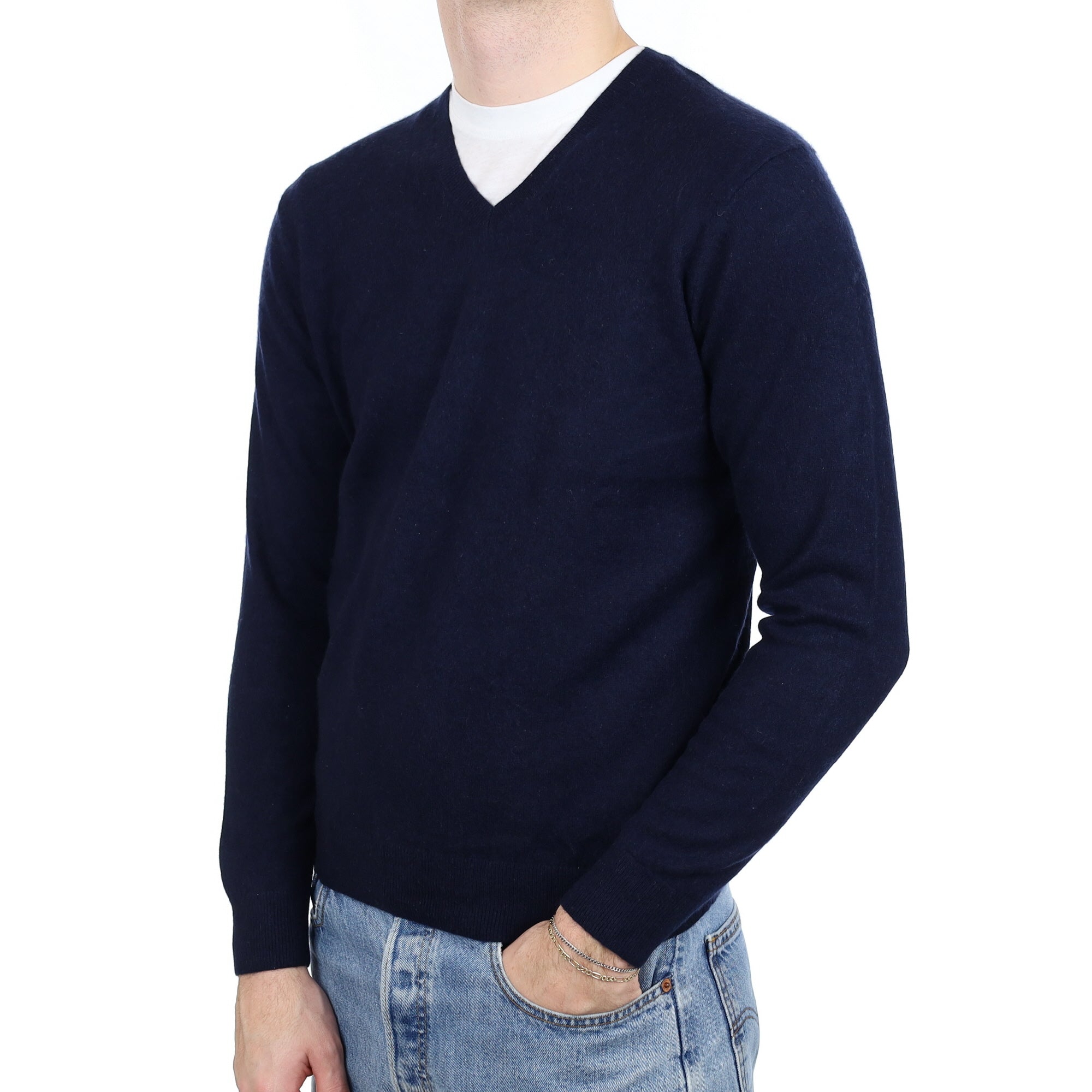 Men's Navy Blue Cashmere V Neck Jumper Medium