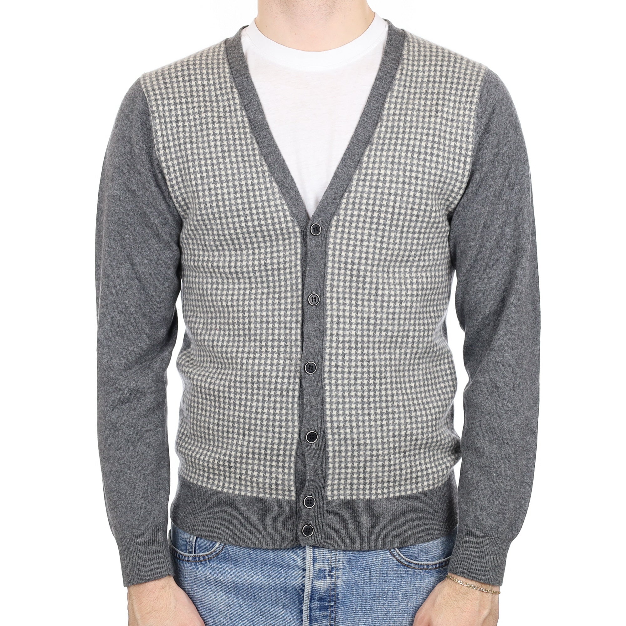 Men's Ash Grey and Cream Patterned Cashmere V Neck Cardigan Medium