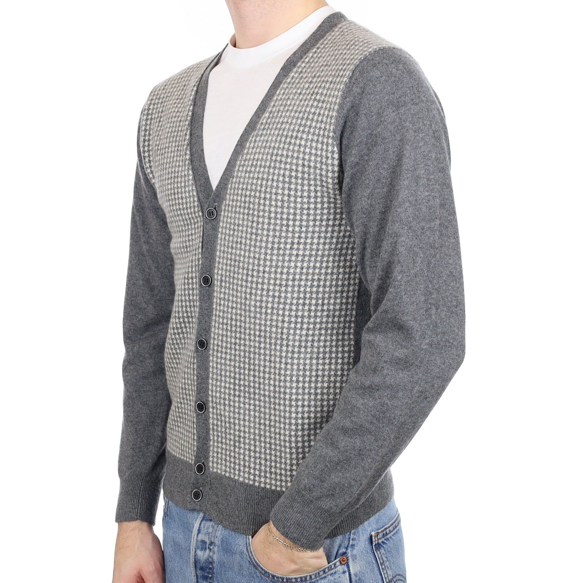 Men's Ash Grey and Cream Patterned Cashmere V Neck Cardigan Medium