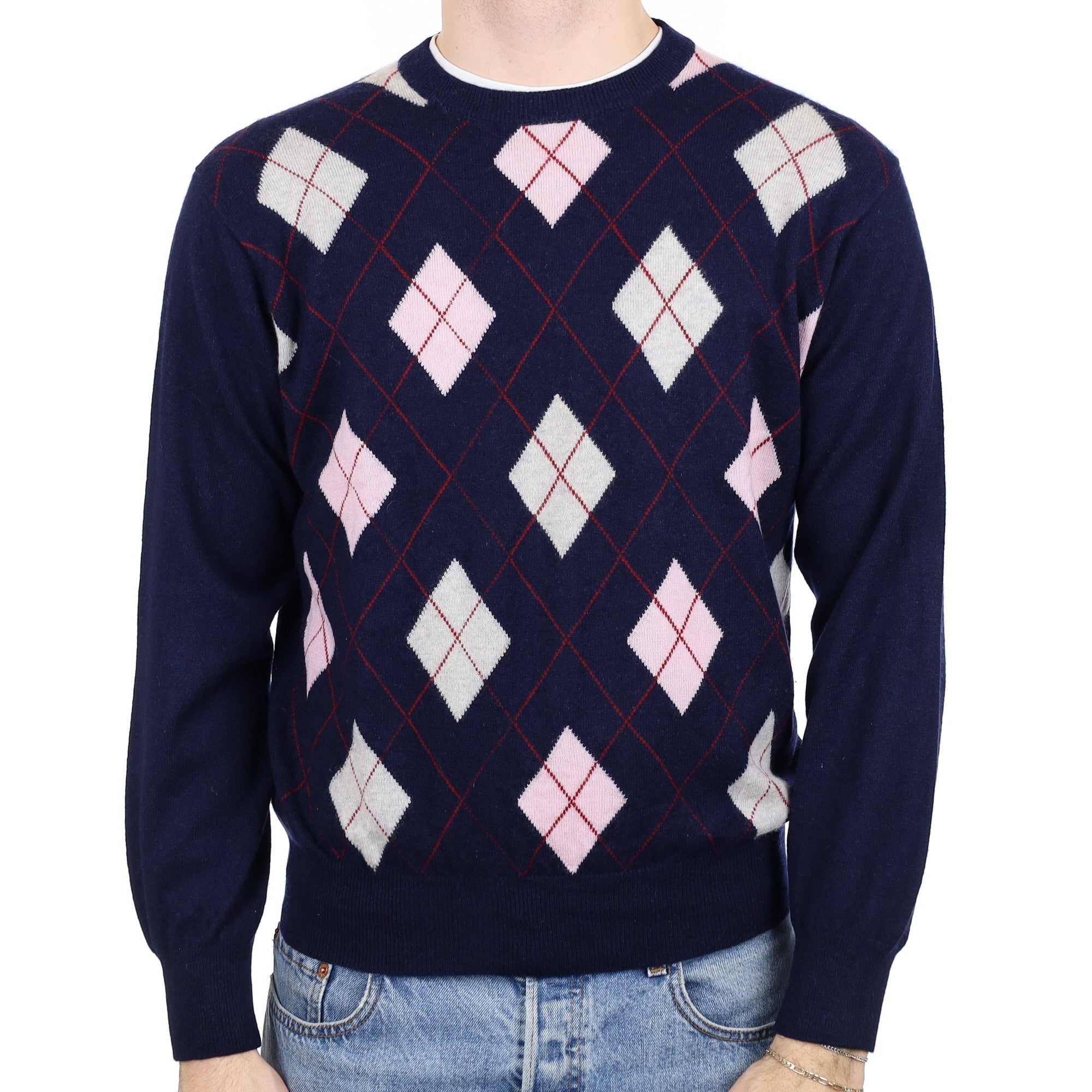 Men’s Navy & Pink Argyle Cashmere Crew Neck Jumper Large