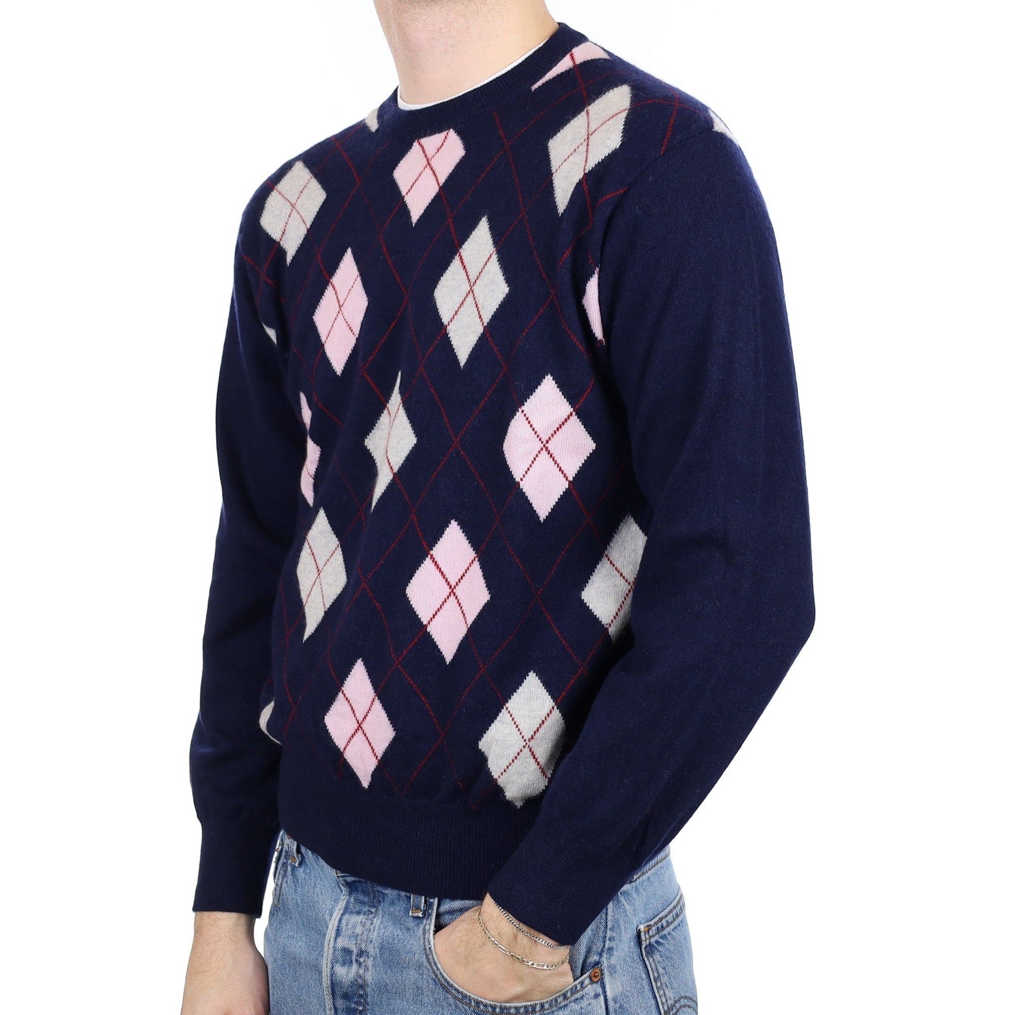 Men’s Navy & Pink Argyle Cashmere Crew Neck Jumper Large
