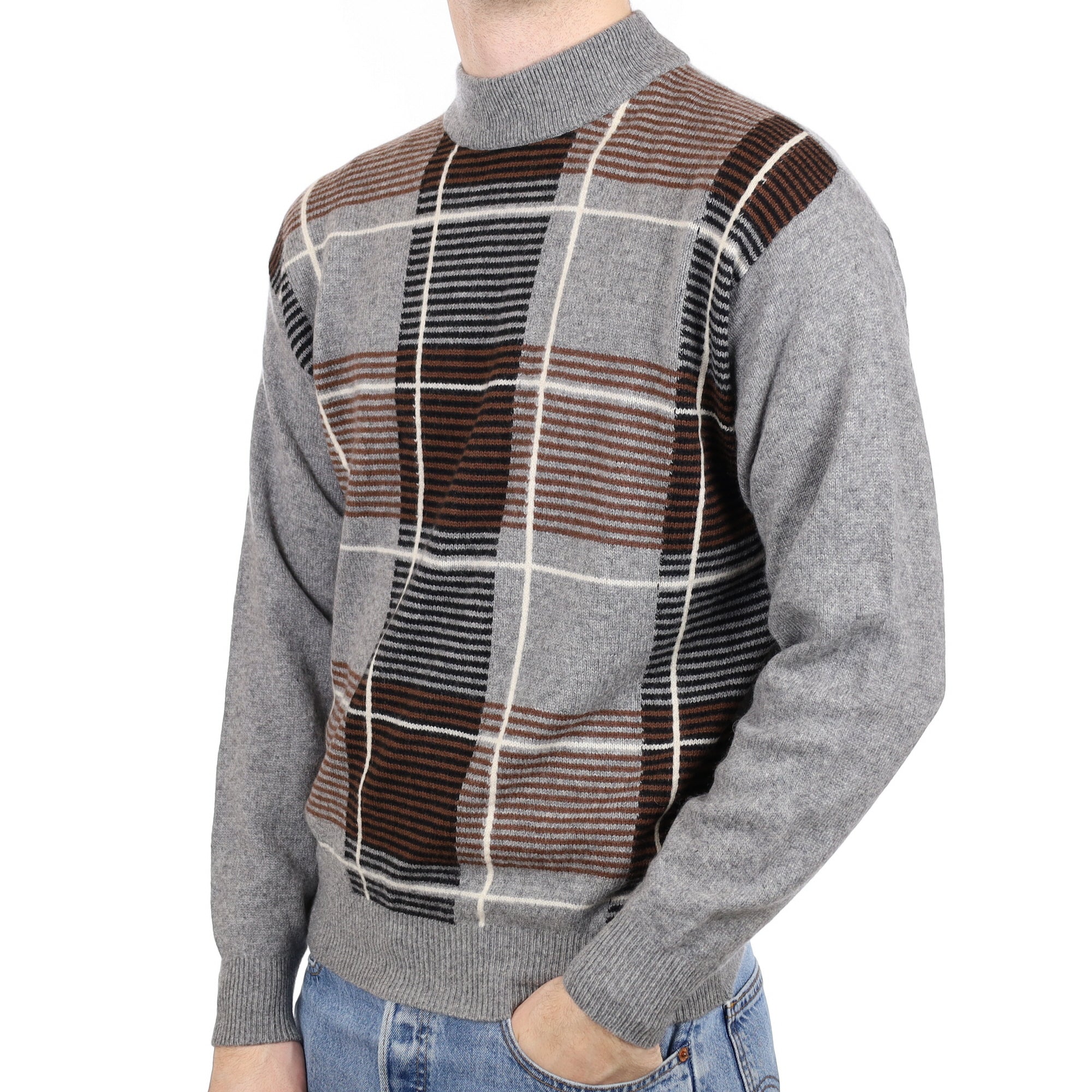 Men’s Ash Grey & Brown Design Cashmere Turtle Neck Jumper Large