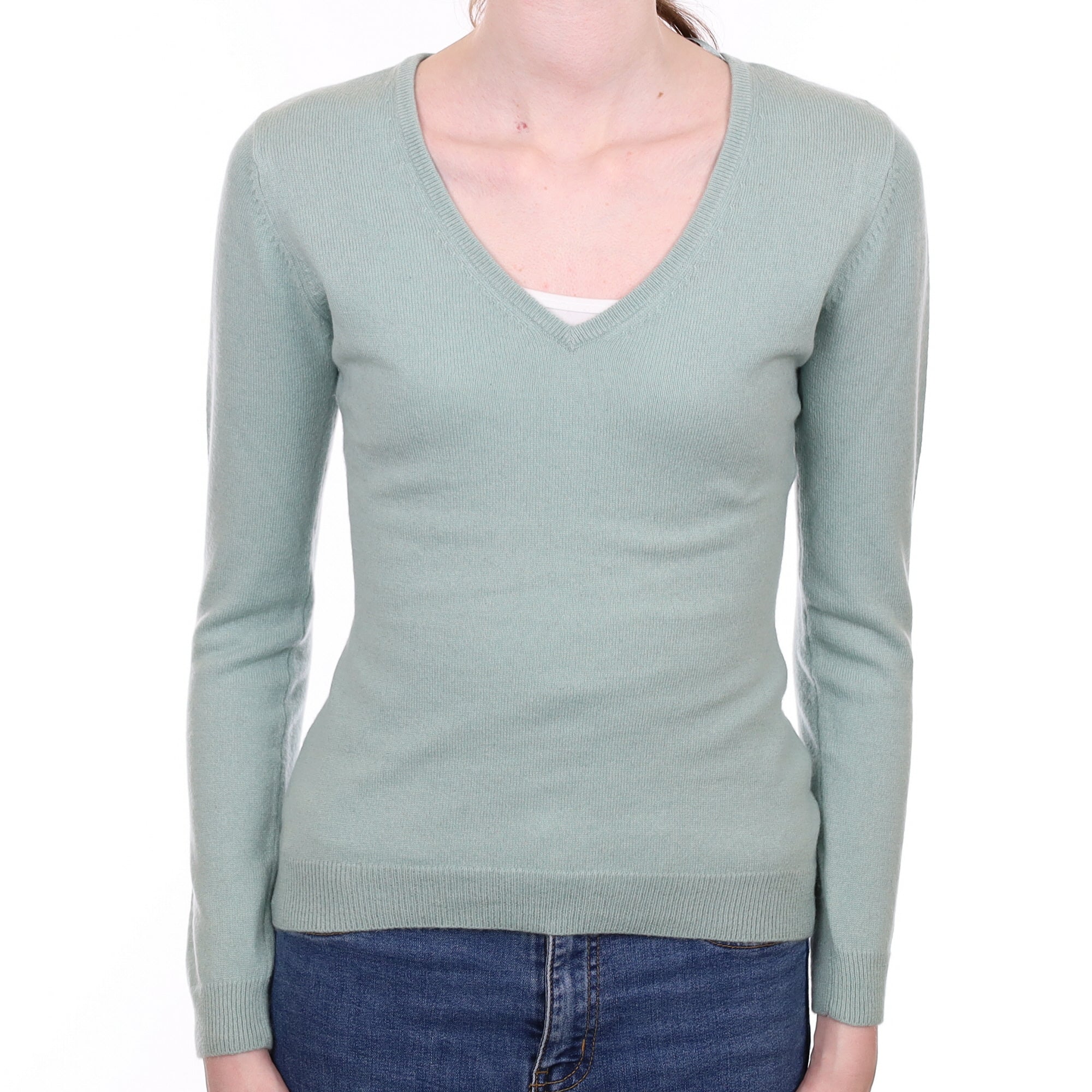Duck Egg Green Cashmere V Neck Jumper Extra Small