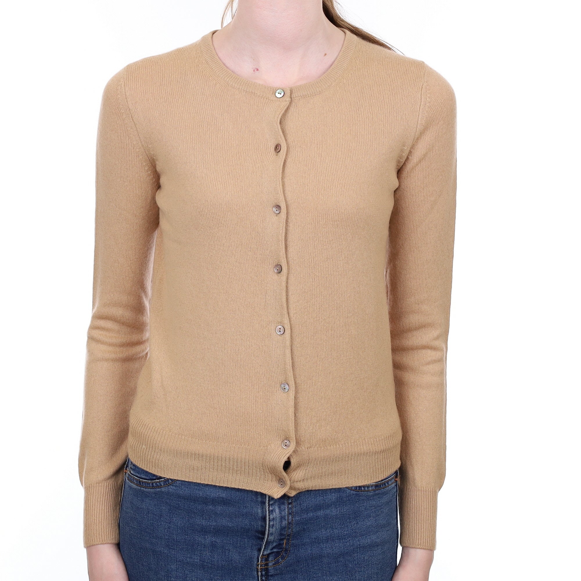 Camel Brown Cashmere Crew Neck Cardigan Extra Small