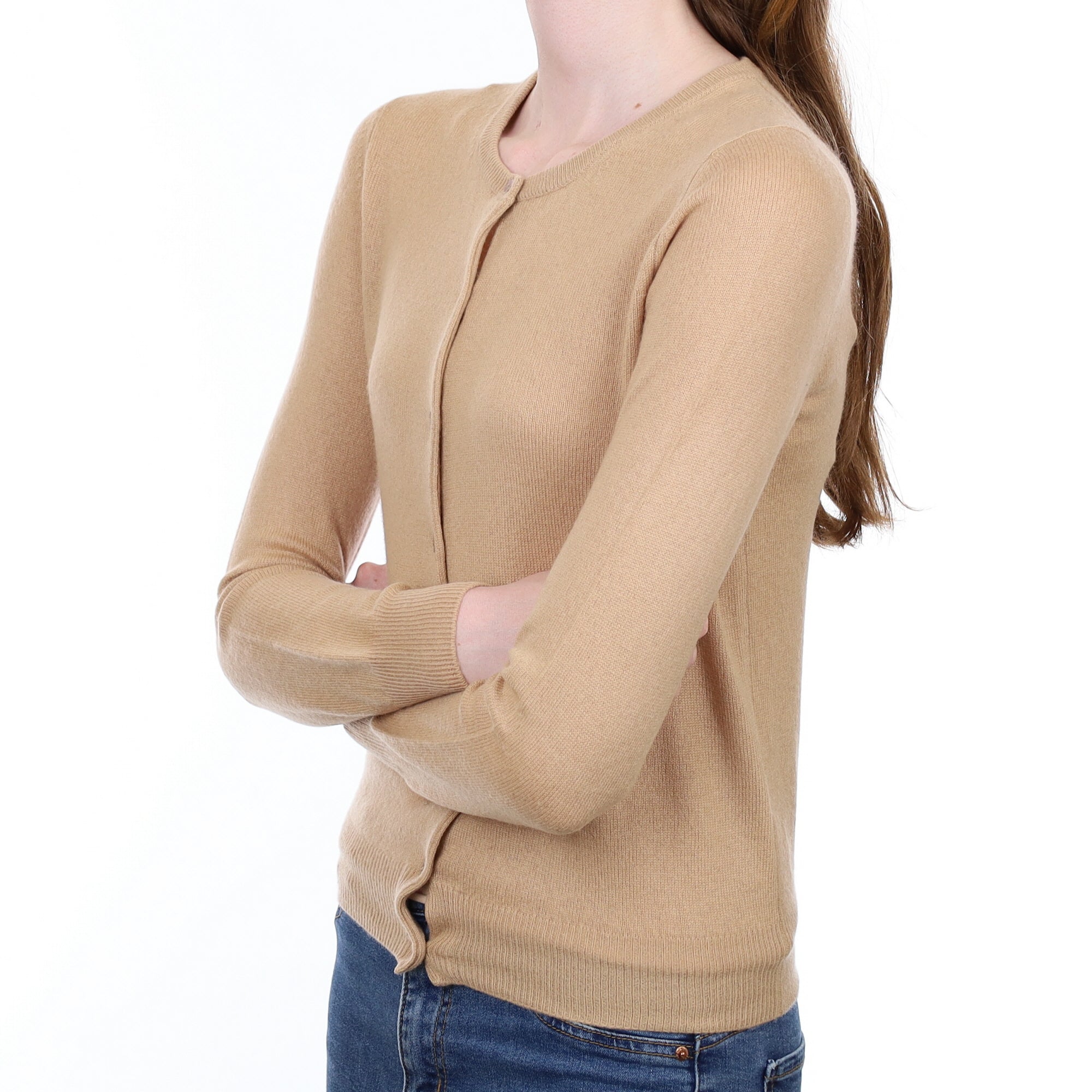 Camel Brown Cashmere Crew Neck Cardigan Extra Small