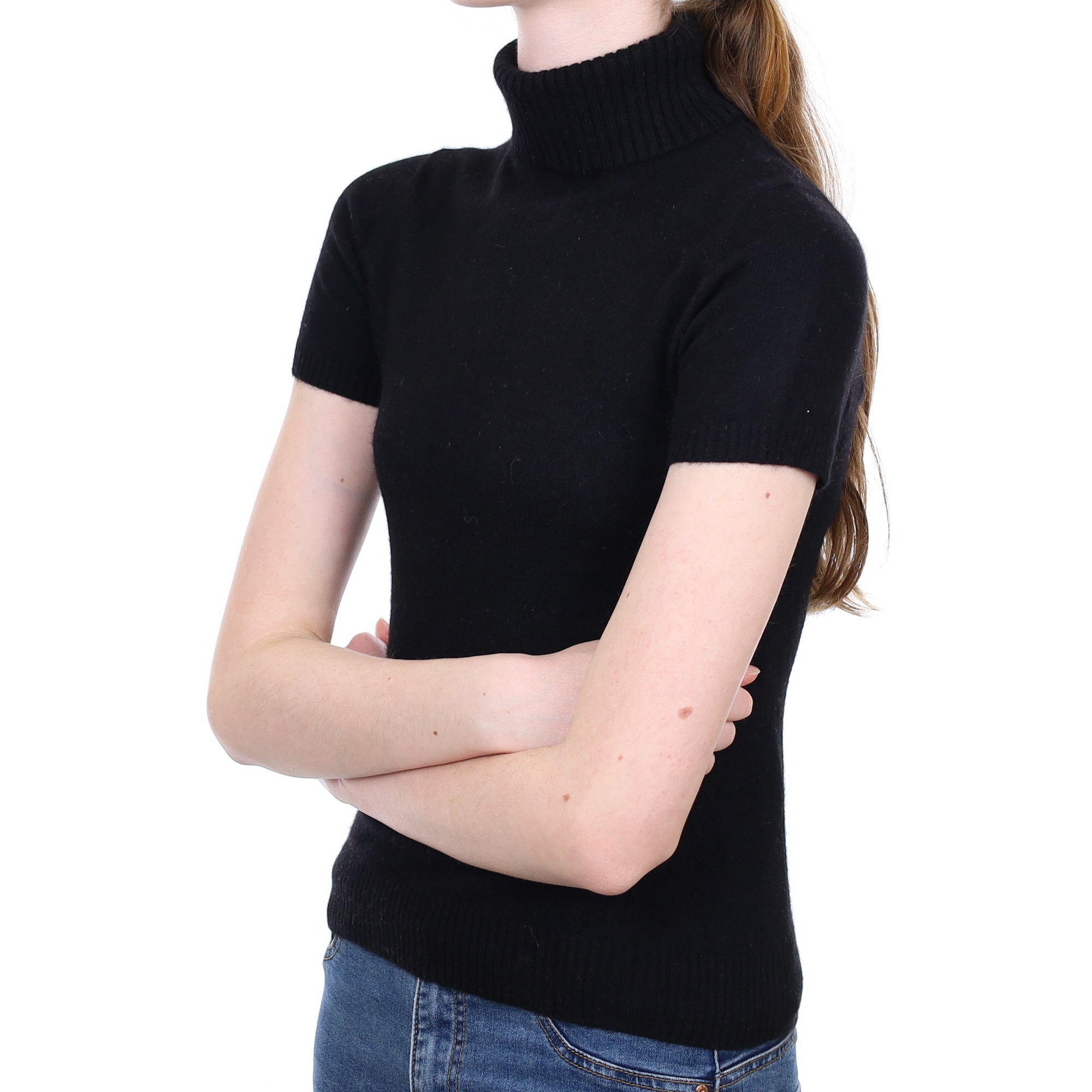 Black Cashmere Short Sleeved Polo Neck Jumper Extra Small