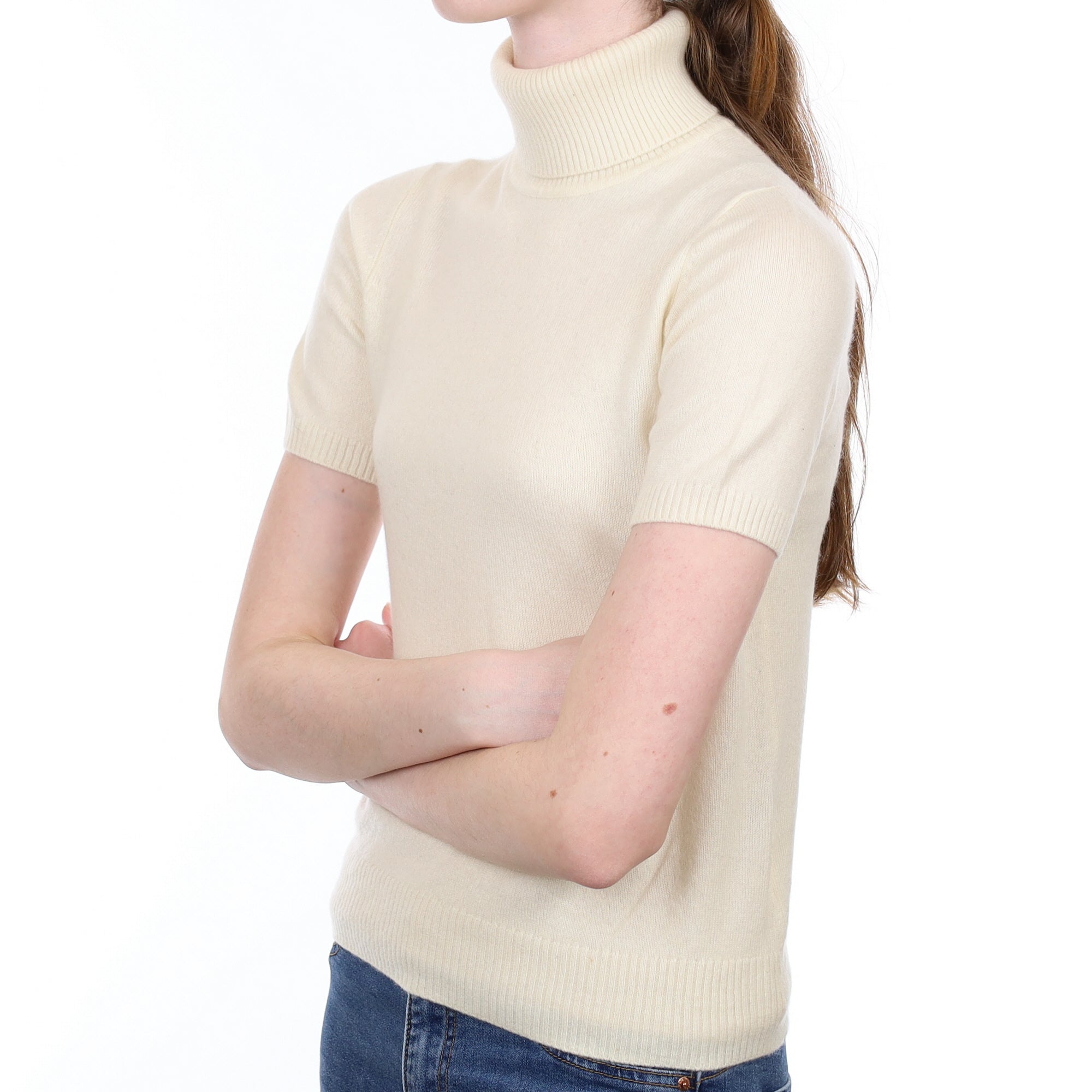 Vanilla Cream Cashmere Short Sleeved Polo Neck Jumper Extra Small
