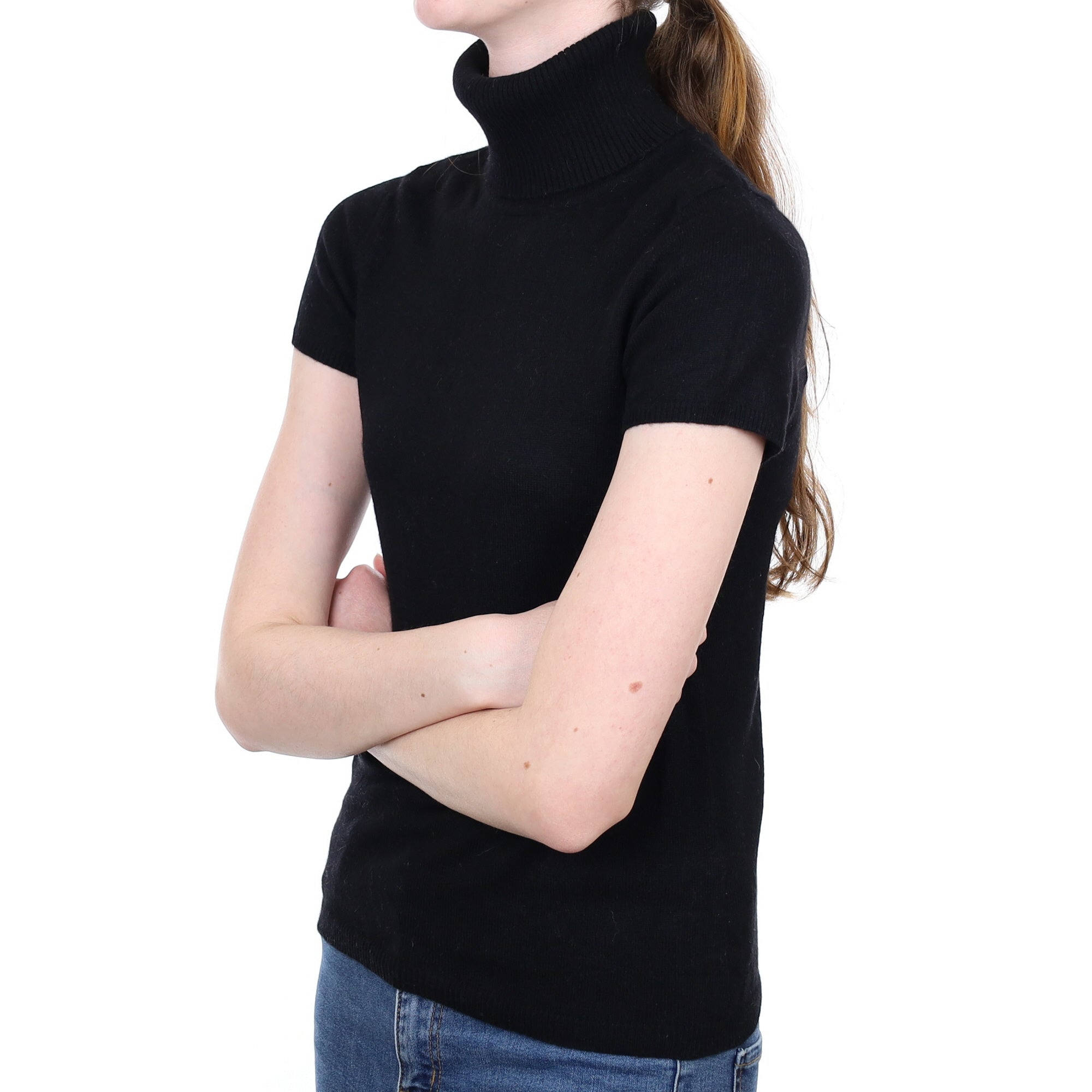 Black Cashmere Short Sleeved Polo Neck Jumper Extra Small