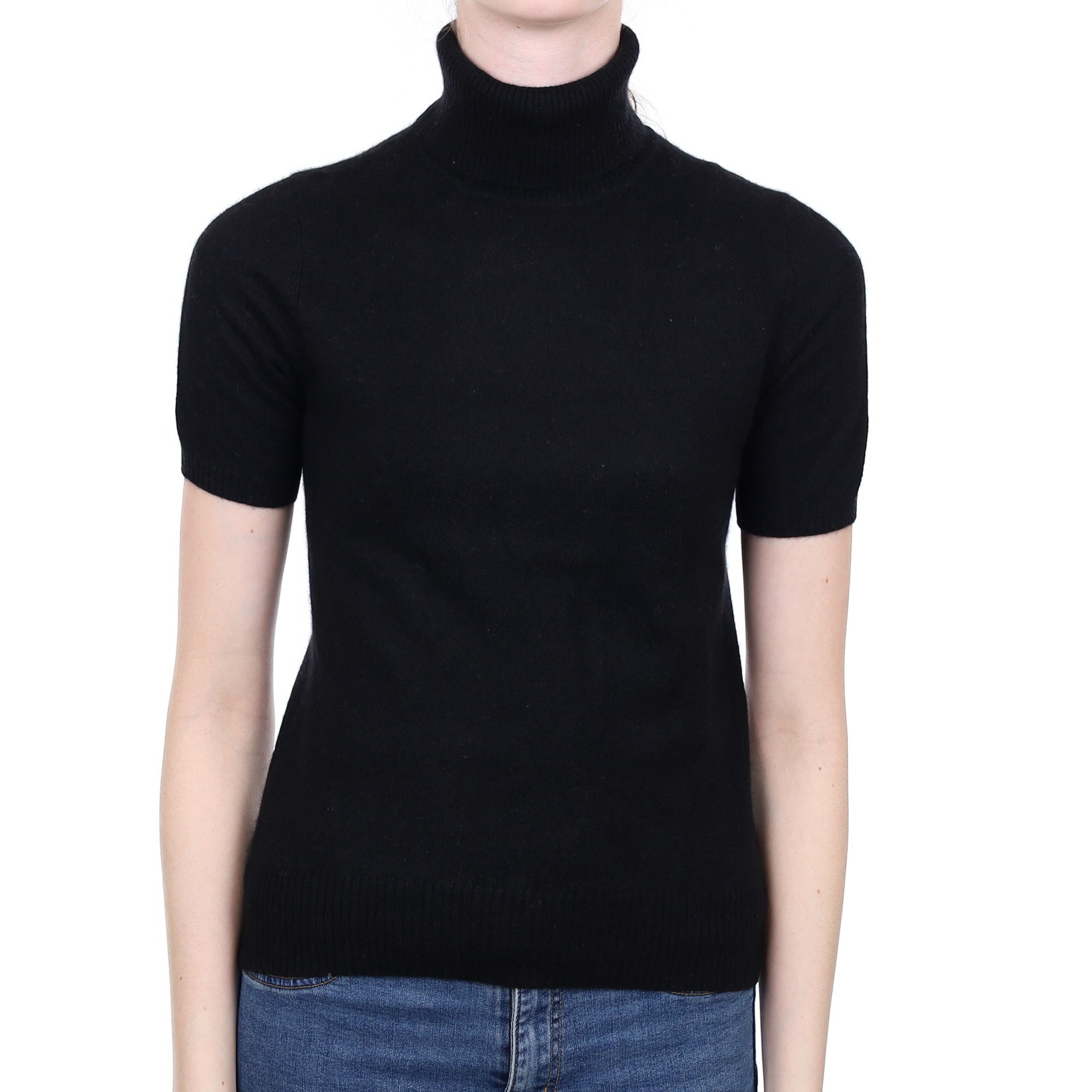 Black Cashmere Short Sleeved Polo Neck Jumper Extra Small