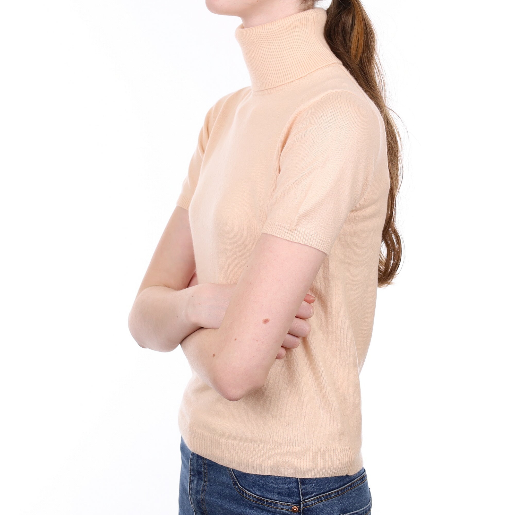 Peach Pink Cashmere Short Sleeved Polo Neck Jumper Extra Small