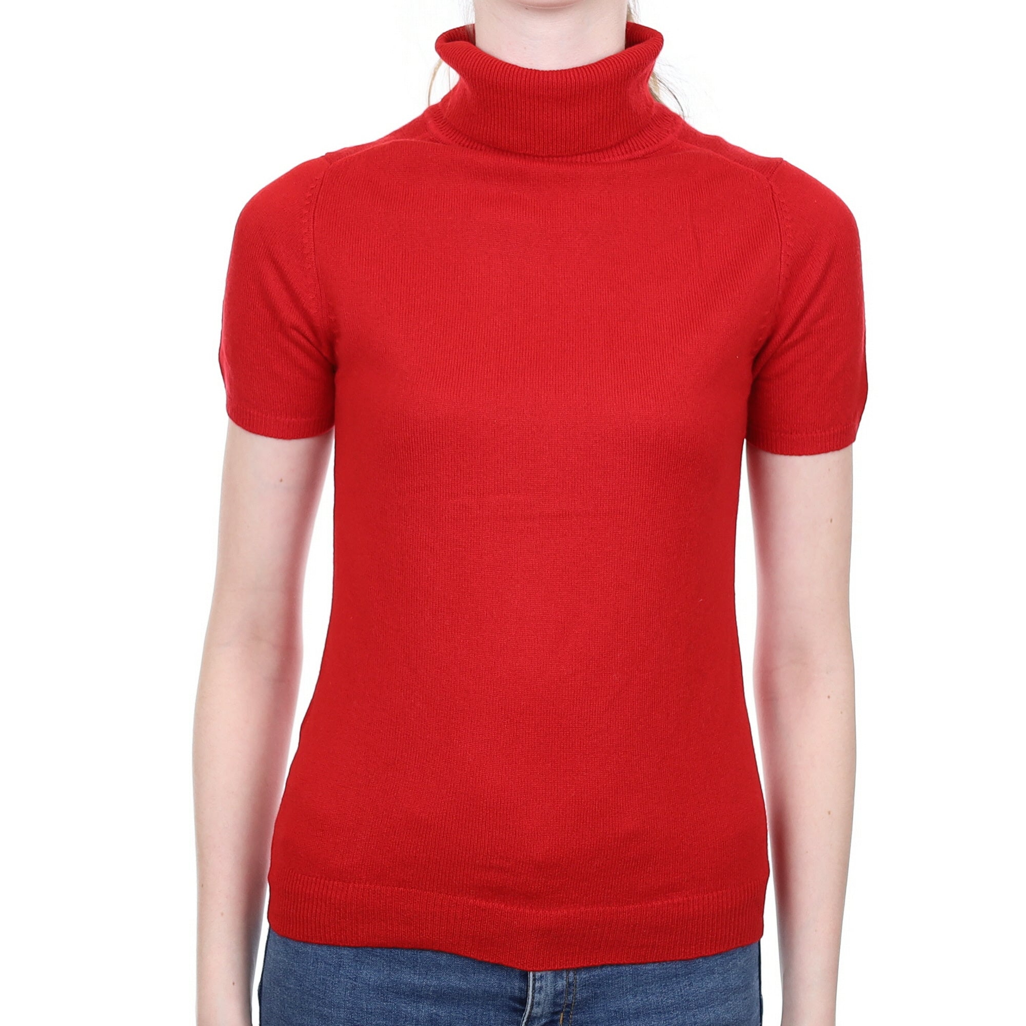Scarlett Red Cashmere Short Sleeved Polo Neck Jumper Extra Small