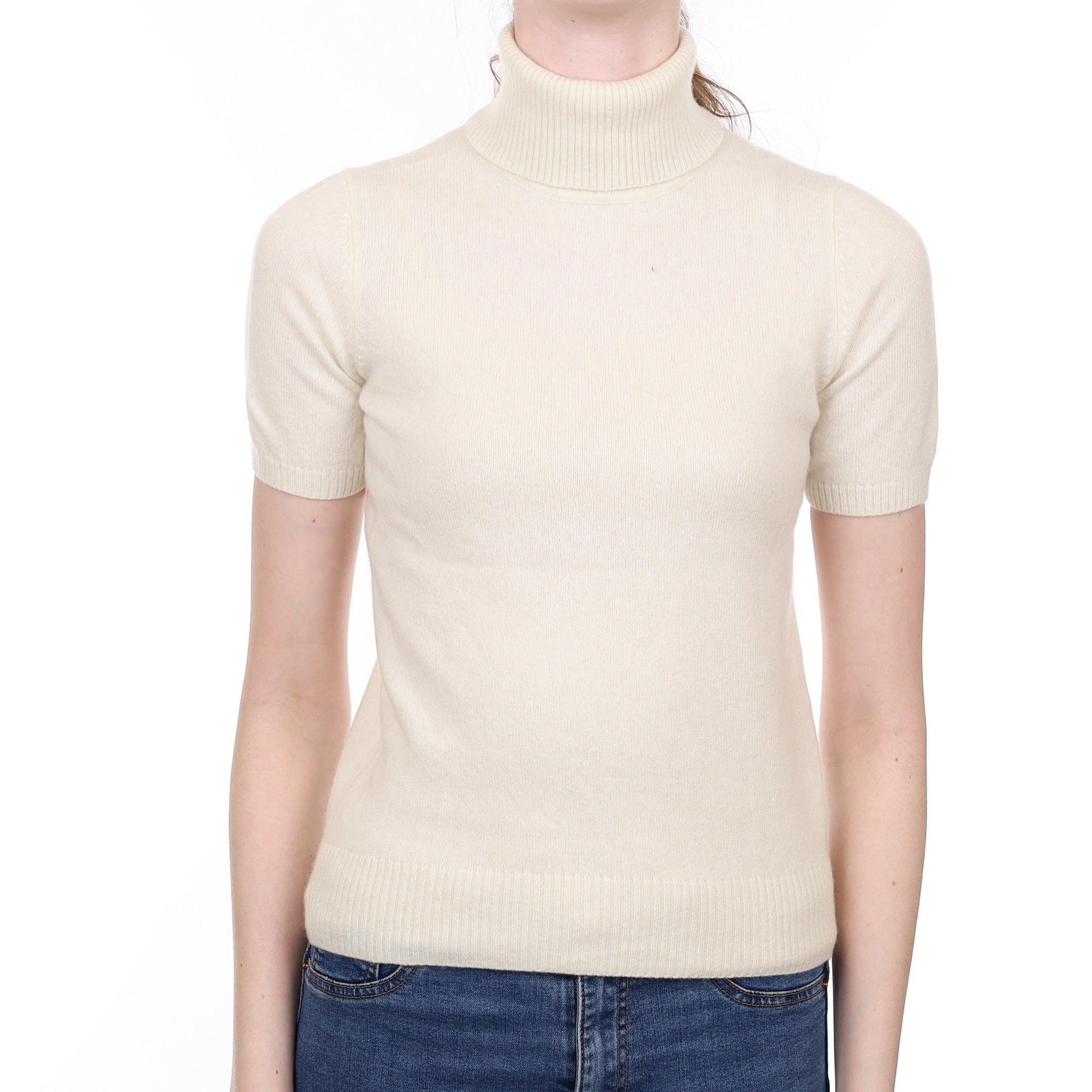 Ivory Cashmere Short Sleeved Polo Neck Jumper Extra Small