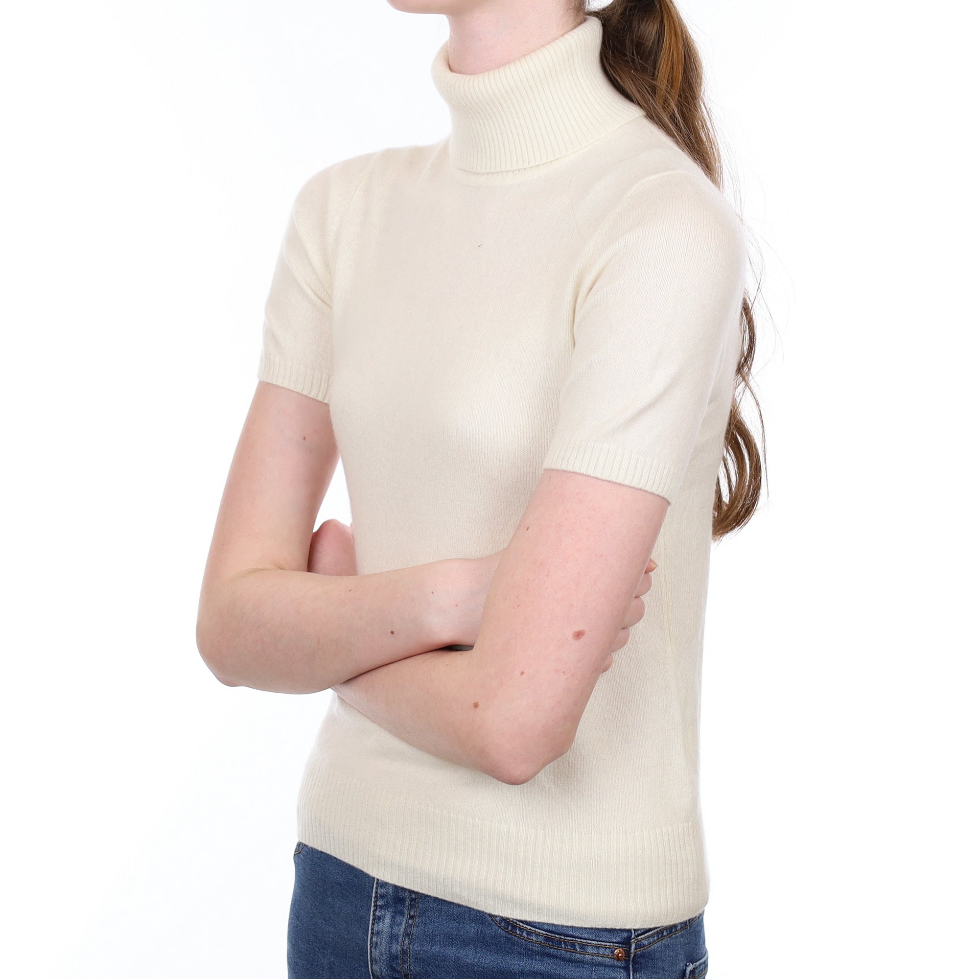 Ivory Cashmere Short Sleeved Polo Neck Jumper Extra Small