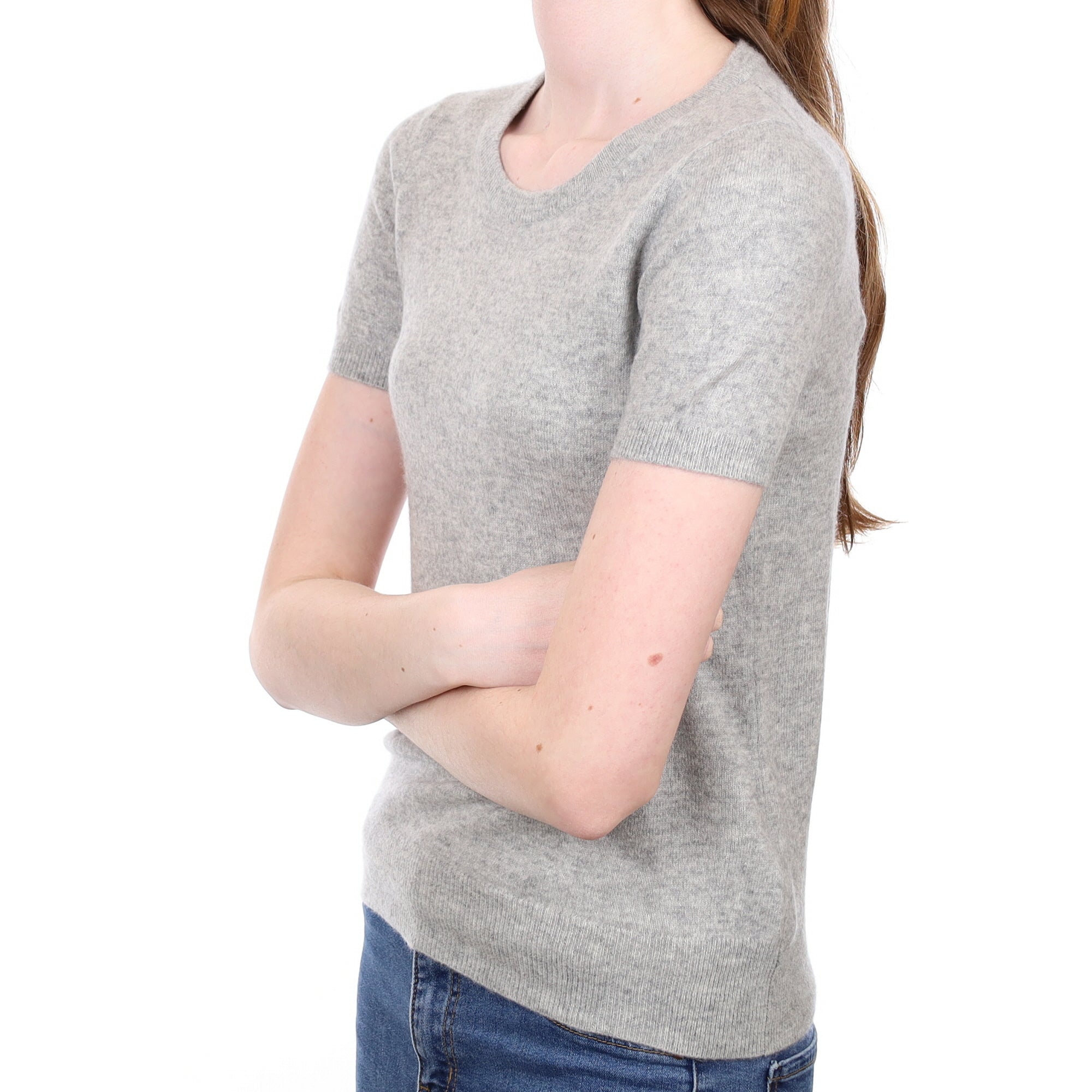 Smoke Grey Cashmere Short Sleeves Crew Neck Jumper Extra Small