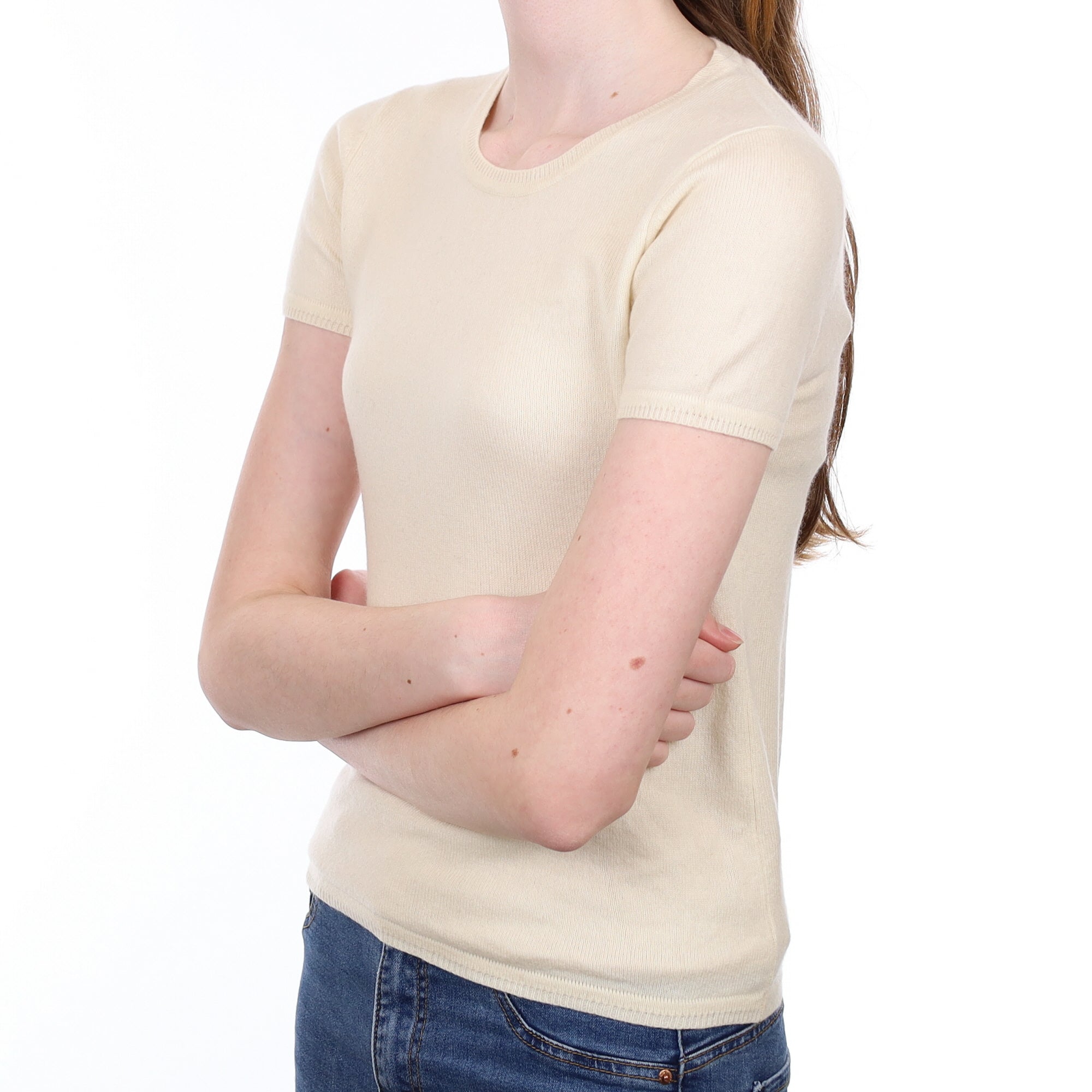 Vanilla Cream Cashmere Short Sleeved Crew Neck Jumper Extra Small