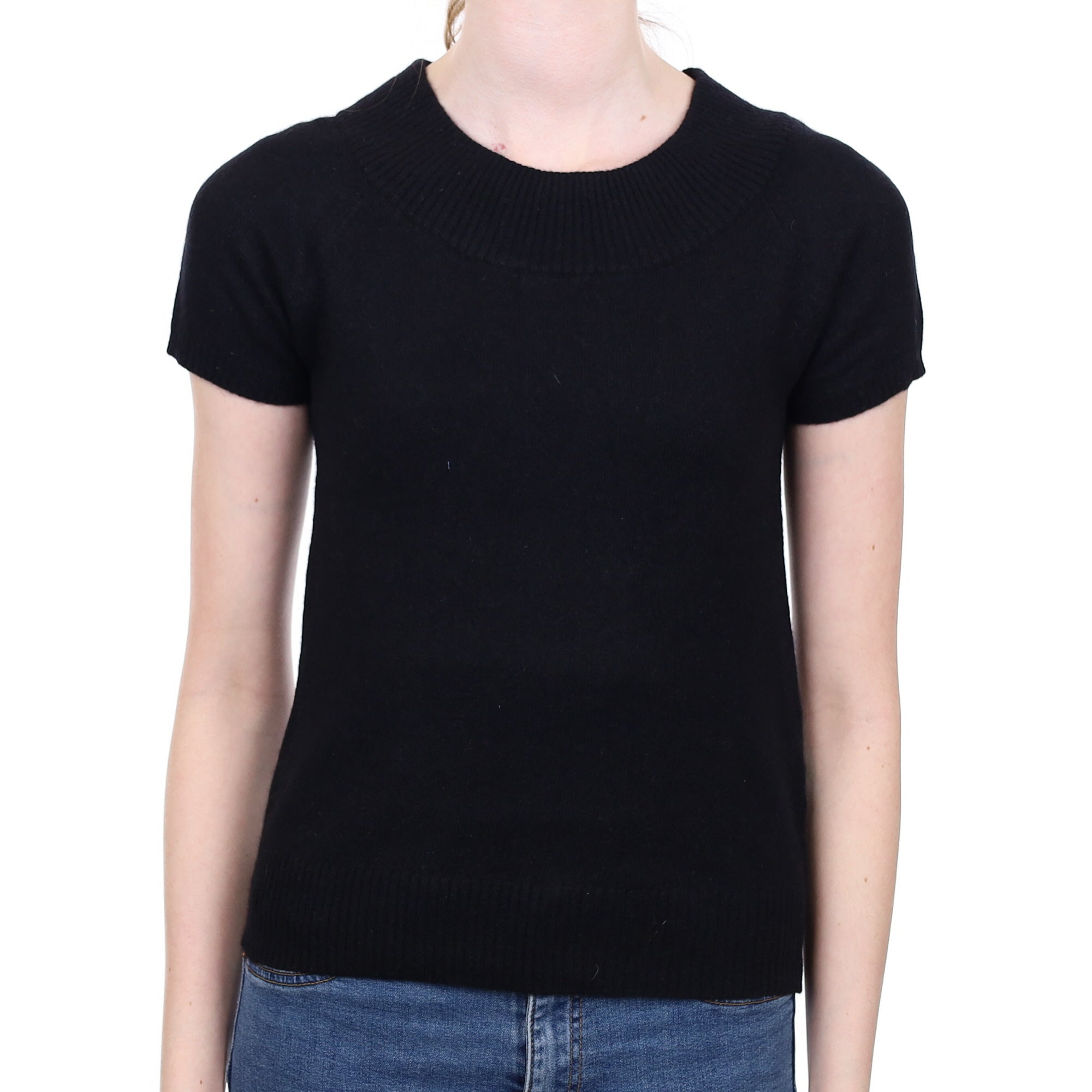 Black Cashmere Short Sleeved Wide Crew Neck Jumper Extra Small