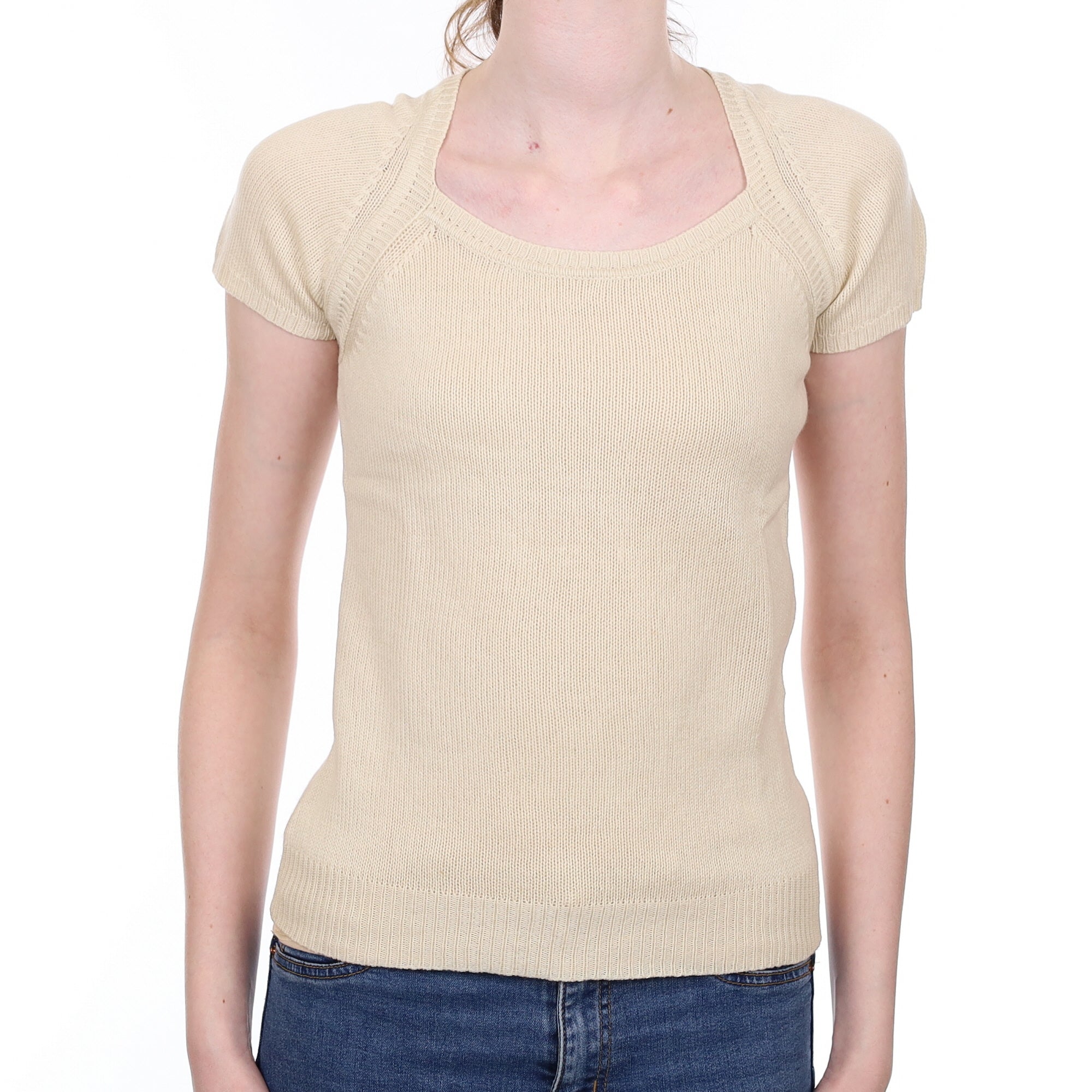Pale Sand Cashmere Short Sleeved Square Neck Jumper Extra Small