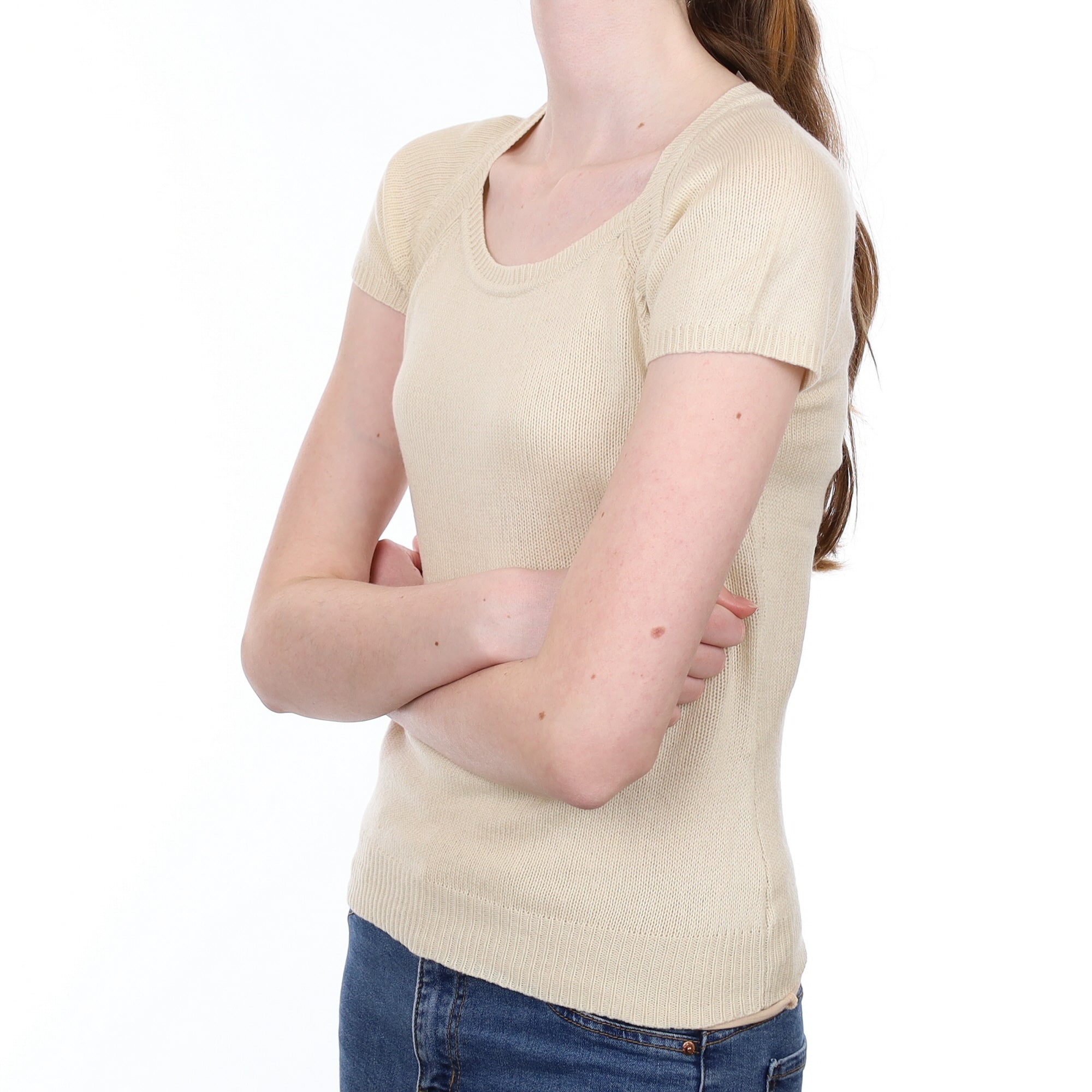 Pale Sand Cashmere Short Sleeved Square Neck Jumper Extra Small