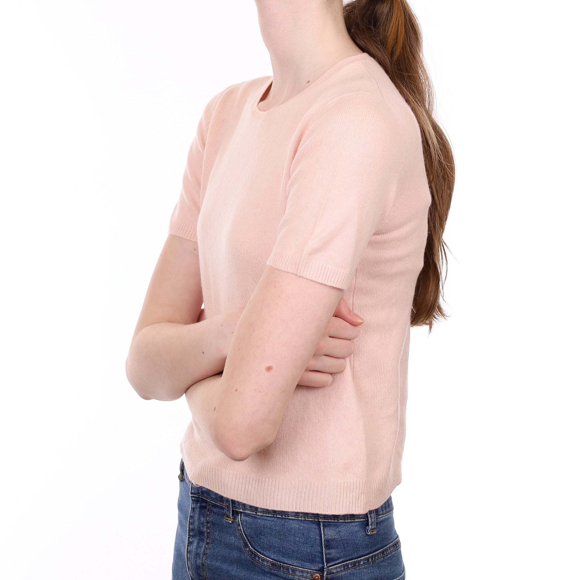 Shell Pink Cashmere Short Sleeved Crew Neck Jumper Extra Small