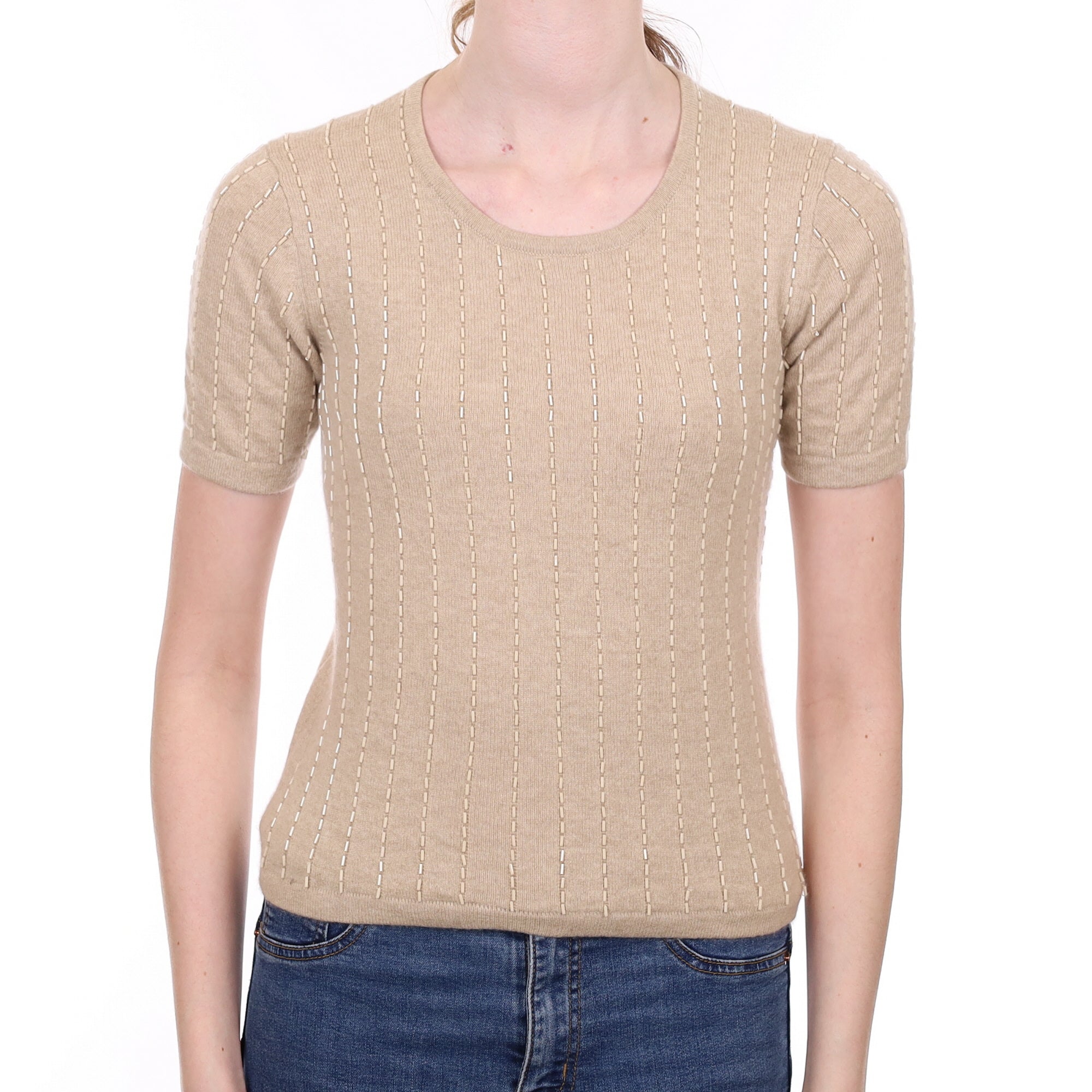 Oatmeal Beige Beaded Cashmere Short Sleeved Crew Neck Jumper Extra Small
