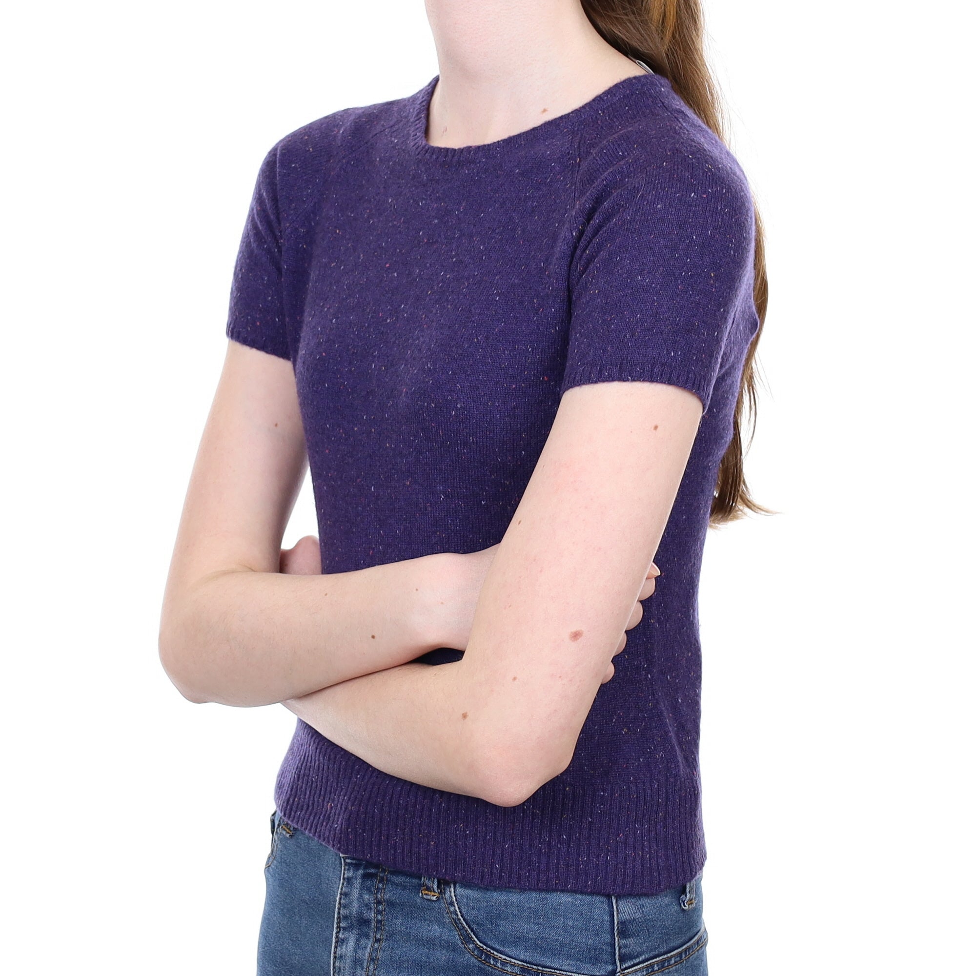 Grape Purple Fleck Cashmere Short Sleeved Crew Neck Jumper Extra Small