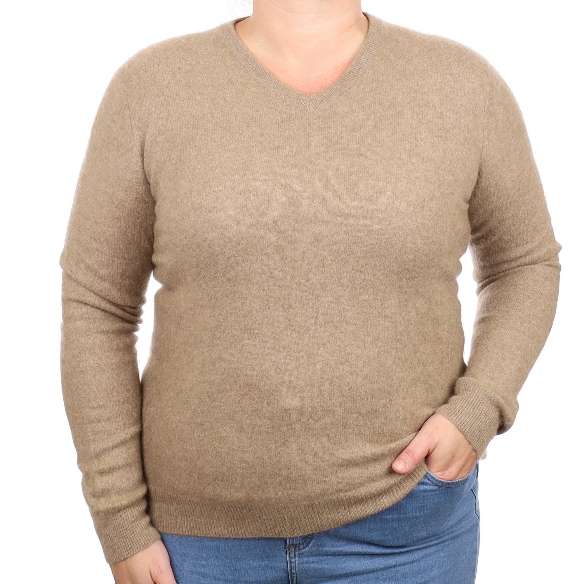 Taupe Brown Cashmere V Neck Jumper Large