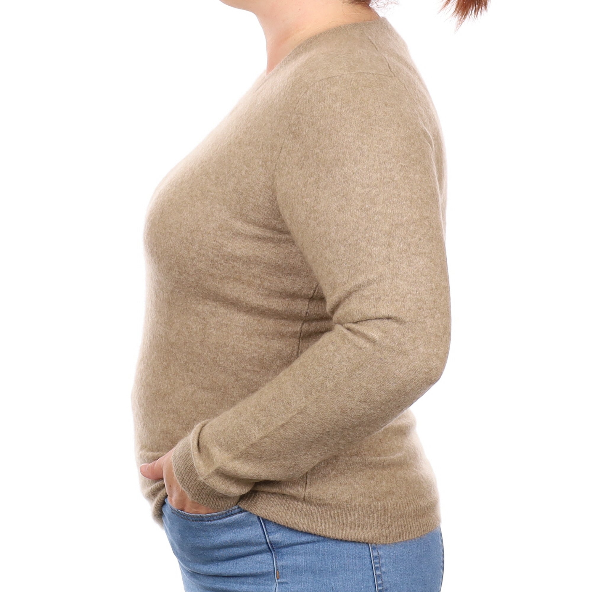 Taupe Brown Cashmere V Neck Jumper Large