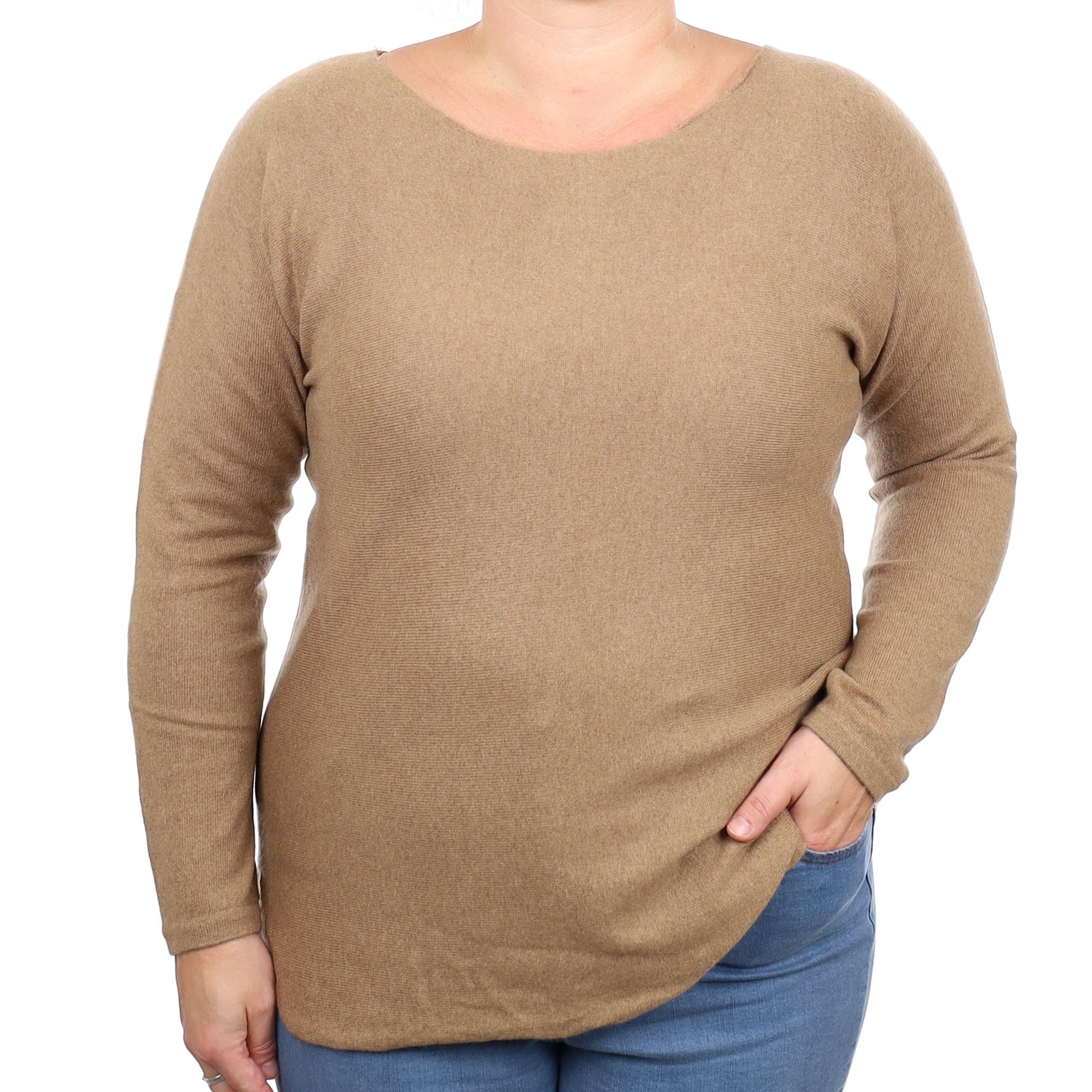 Caramel Cashmere Wide Crew Neck Jumper With Back Buttons Large