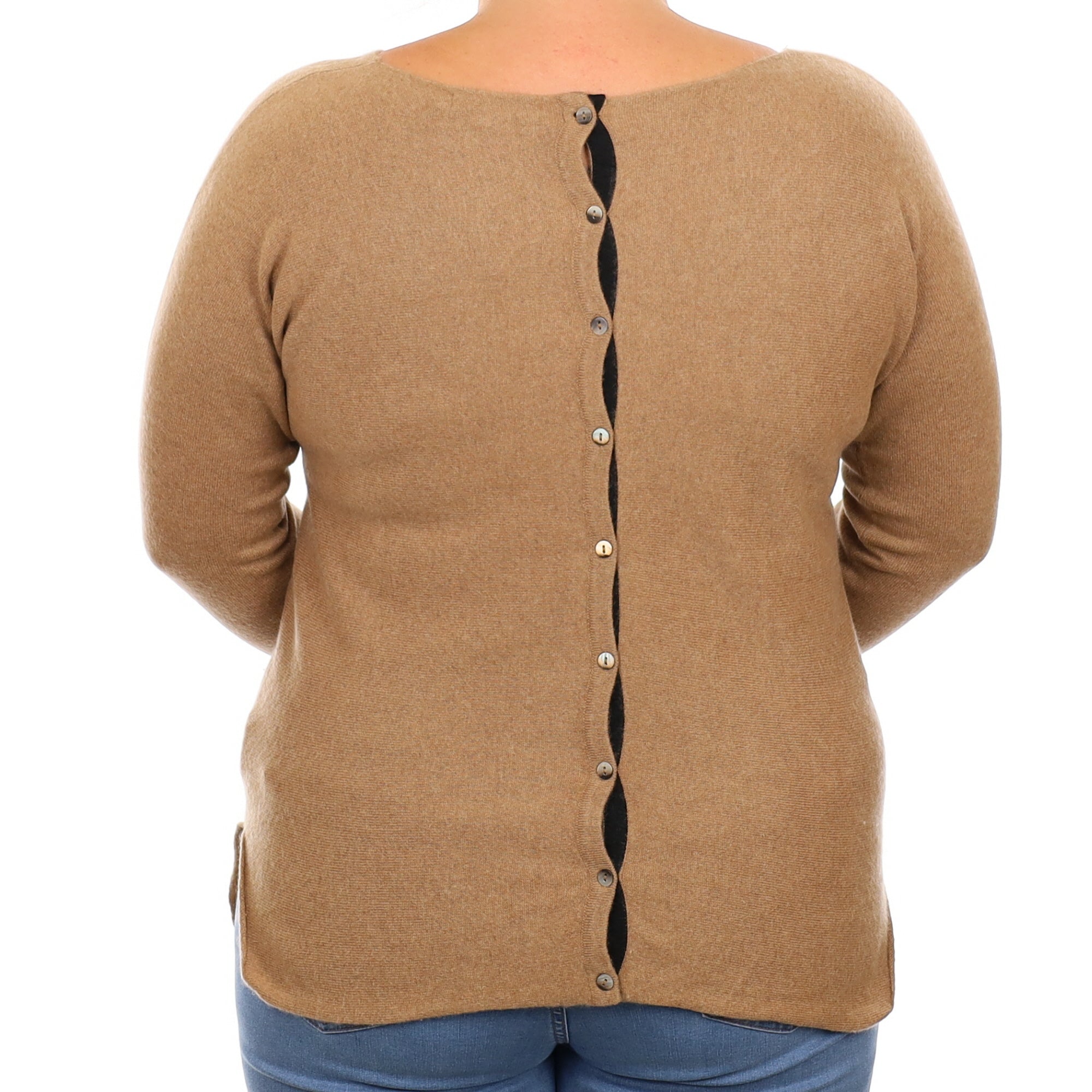 Caramel Cashmere Wide Crew Neck Jumper With Back Buttons Large