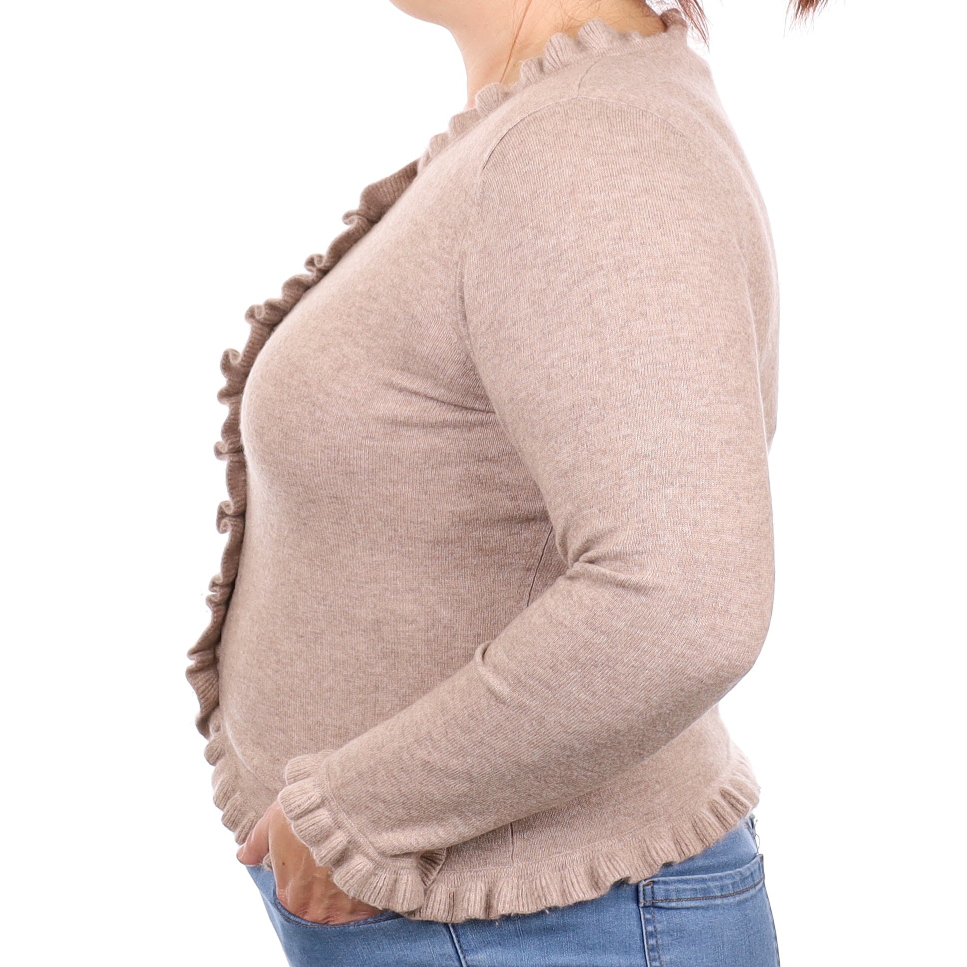 Taupe Ruffle Edged Cashmere Crew Neck Cardigan Large