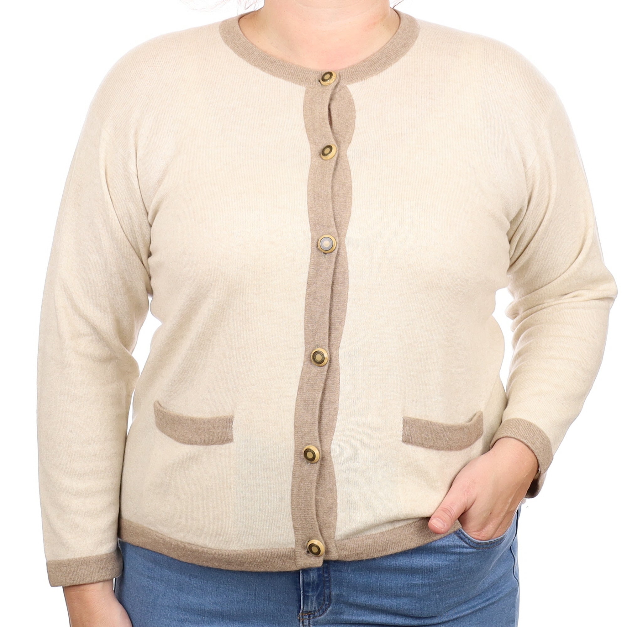 Scottish Oatmeal and Mocha Cashmere Crew Neck Cardigan Large