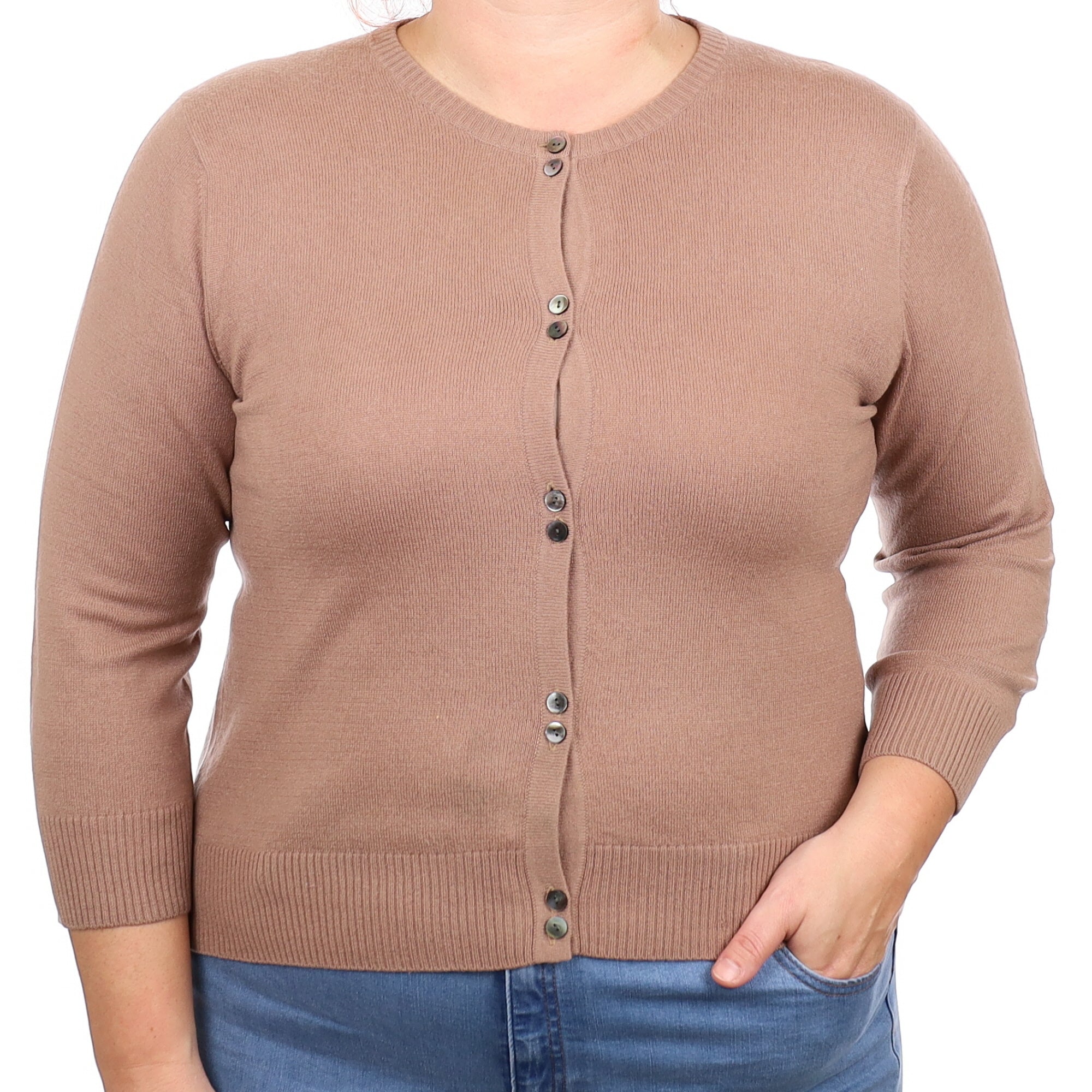 Camel Cashmere 3/4 Sleeve Crew Neck Cardigan Large