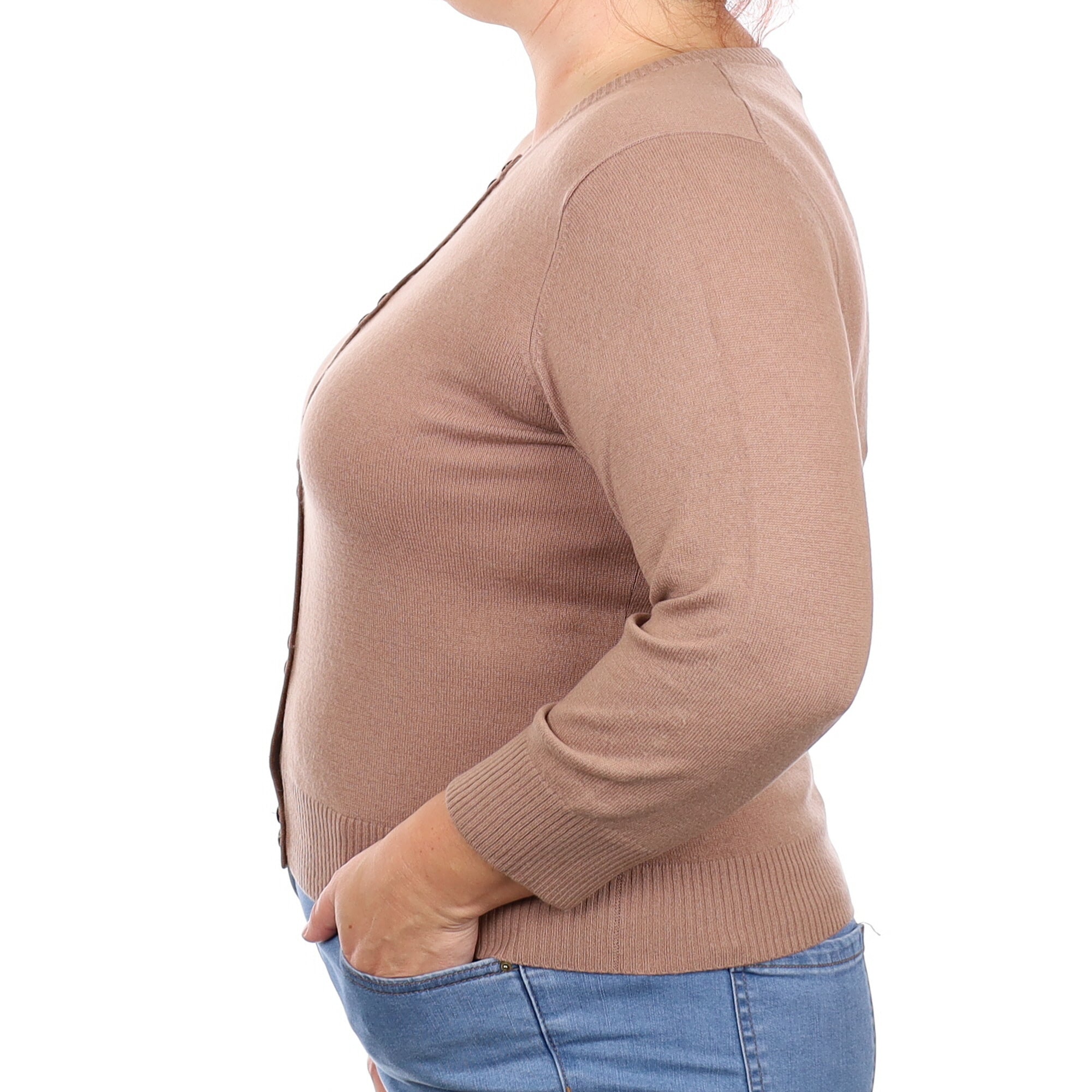 Camel Cashmere 3/4 Sleeve Crew Neck Cardigan Large