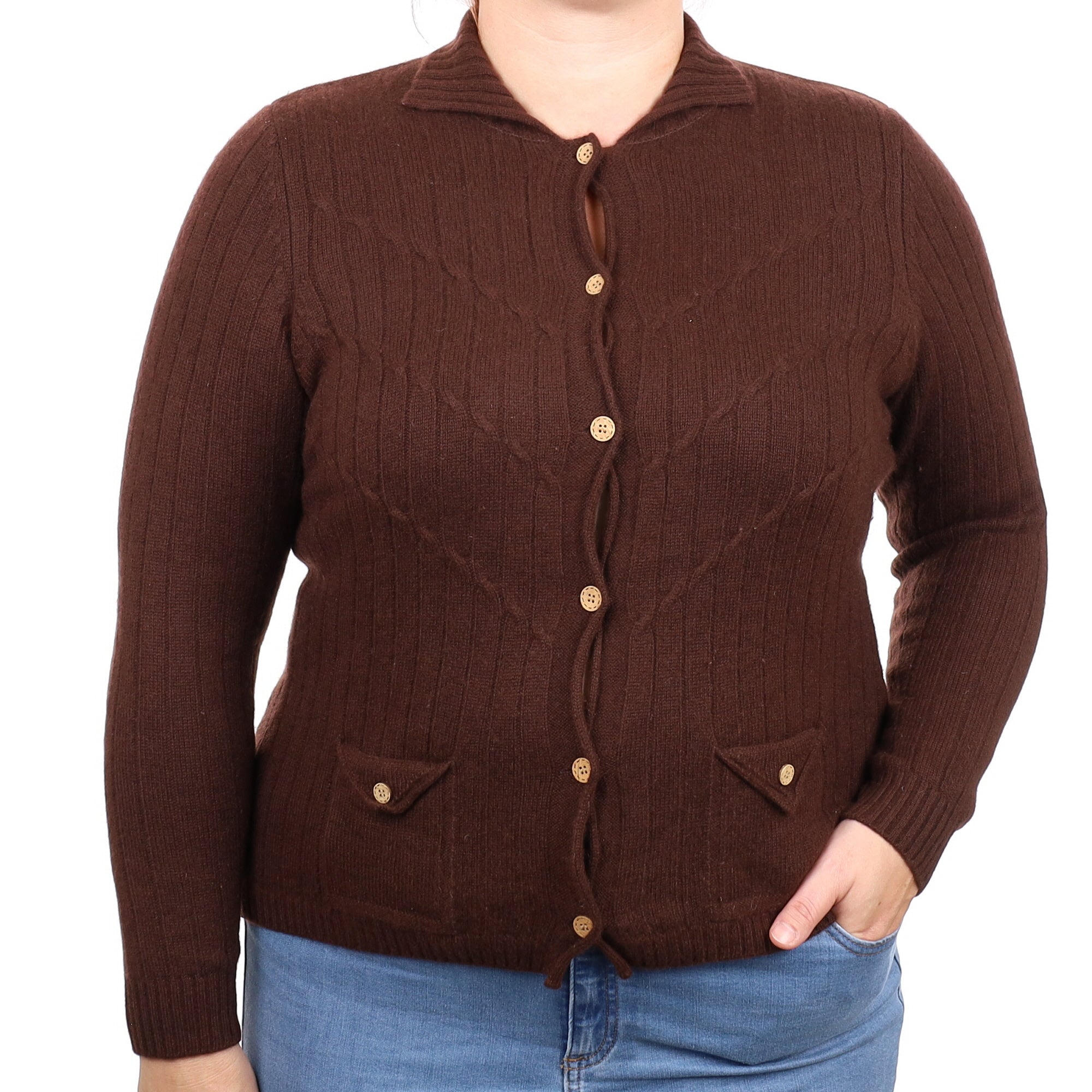 Chocolate Brown Rib Cashmere Cardigan with Collar and Pockets Large