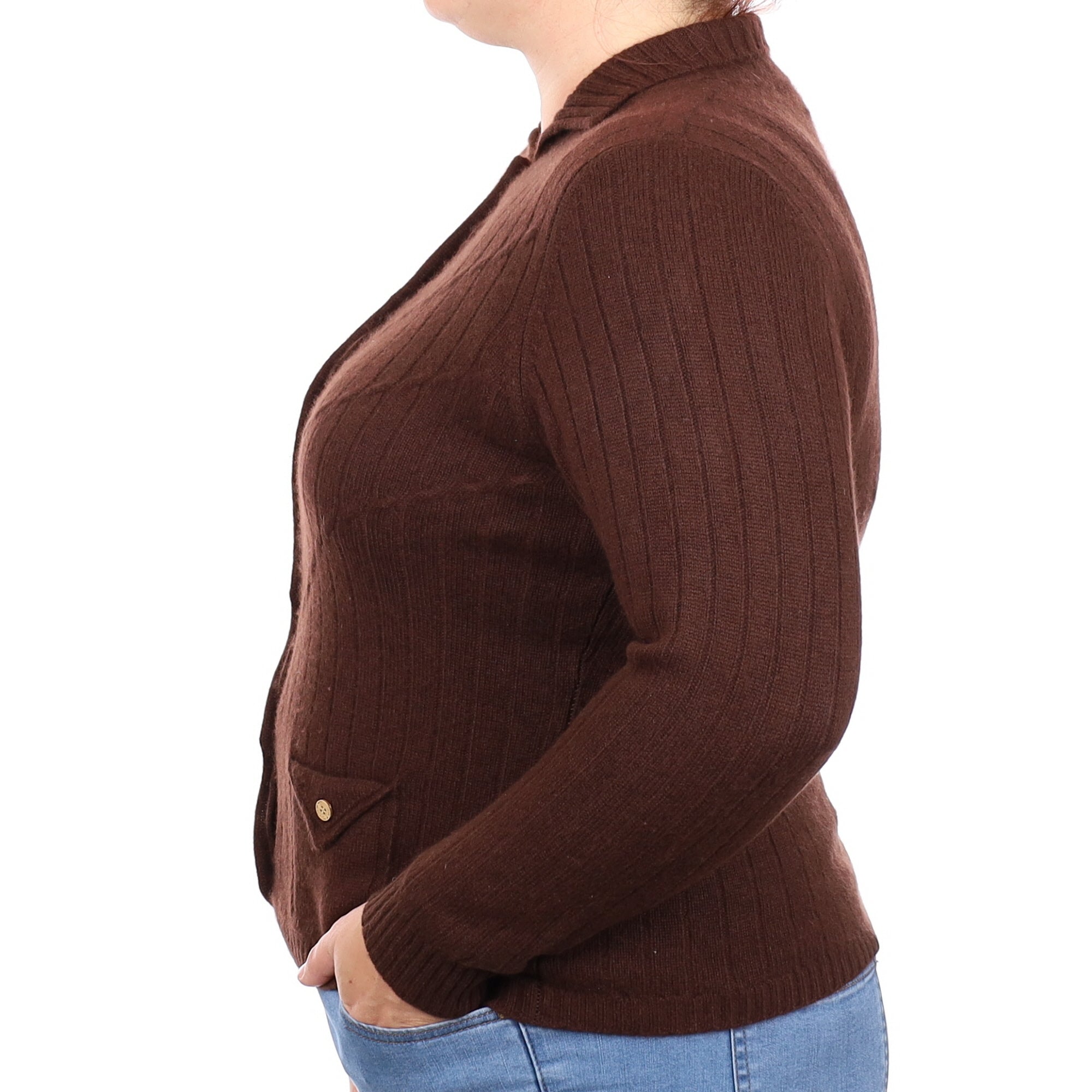 Chocolate Brown Rib Cashmere Cardigan with Collar and Pockets Large