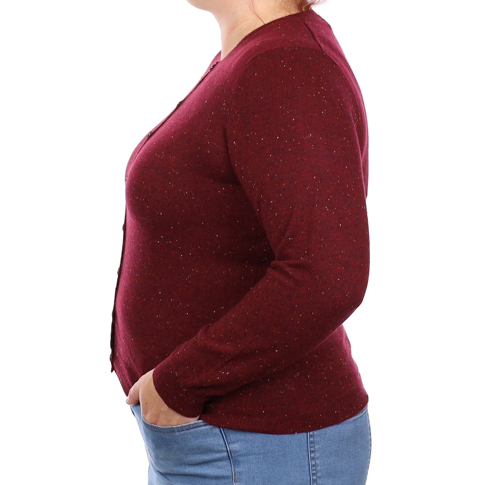 Wine Red Fleck Cashmere Crew Neck Cardigan Large