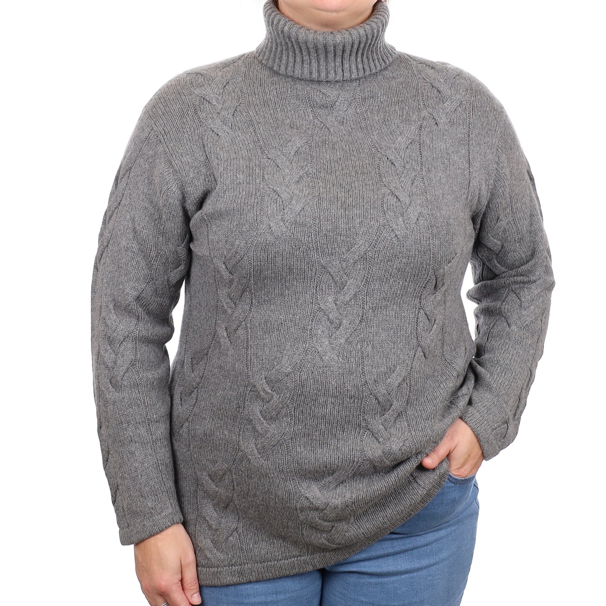 Ash Grey Chunky Cashmere Longline Polo Neck Jumper Large