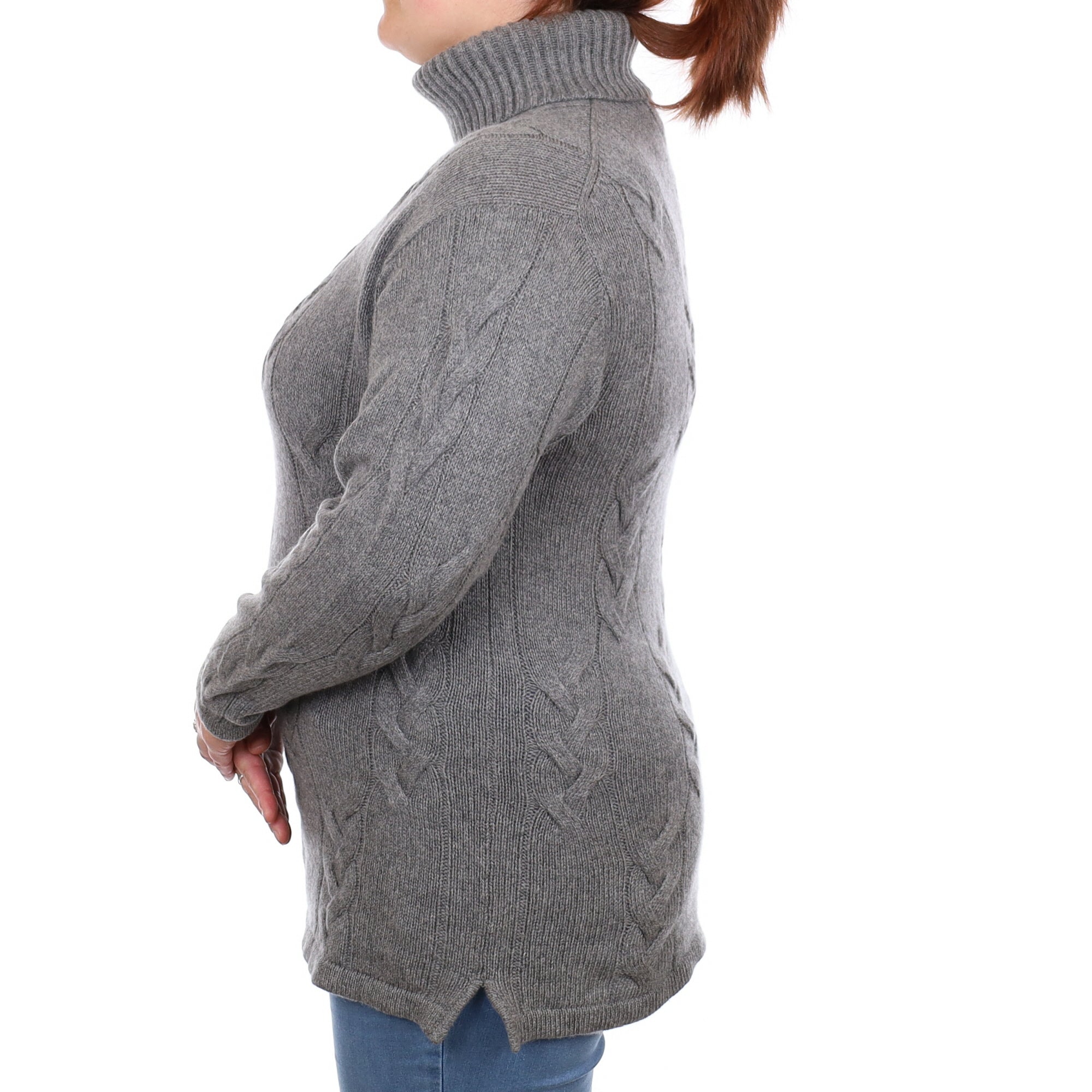 Ash Grey Chunky Cashmere Longline Polo Neck Jumper Large