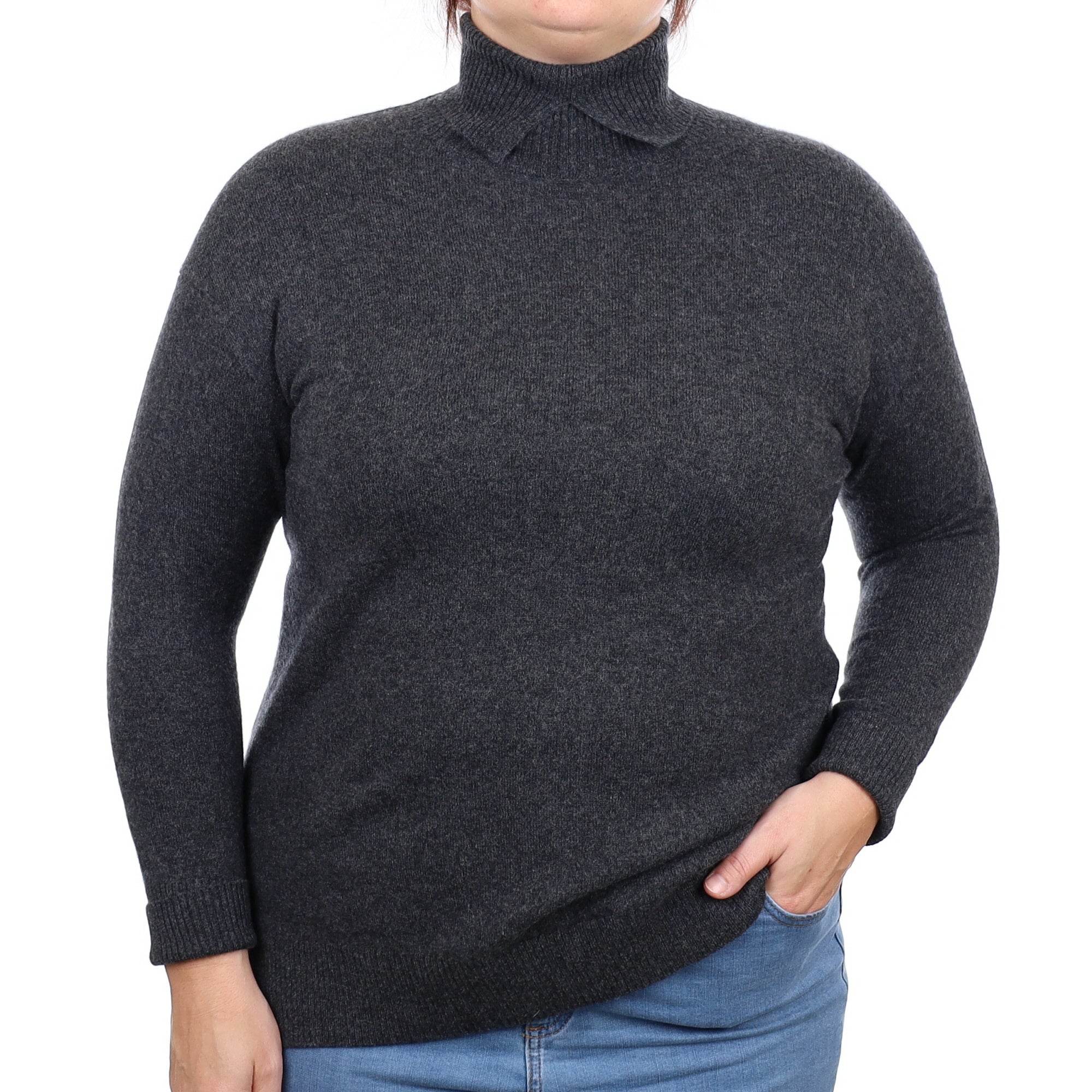 Charcoal Grey Cashmere Split Polo Neck Jumper Large