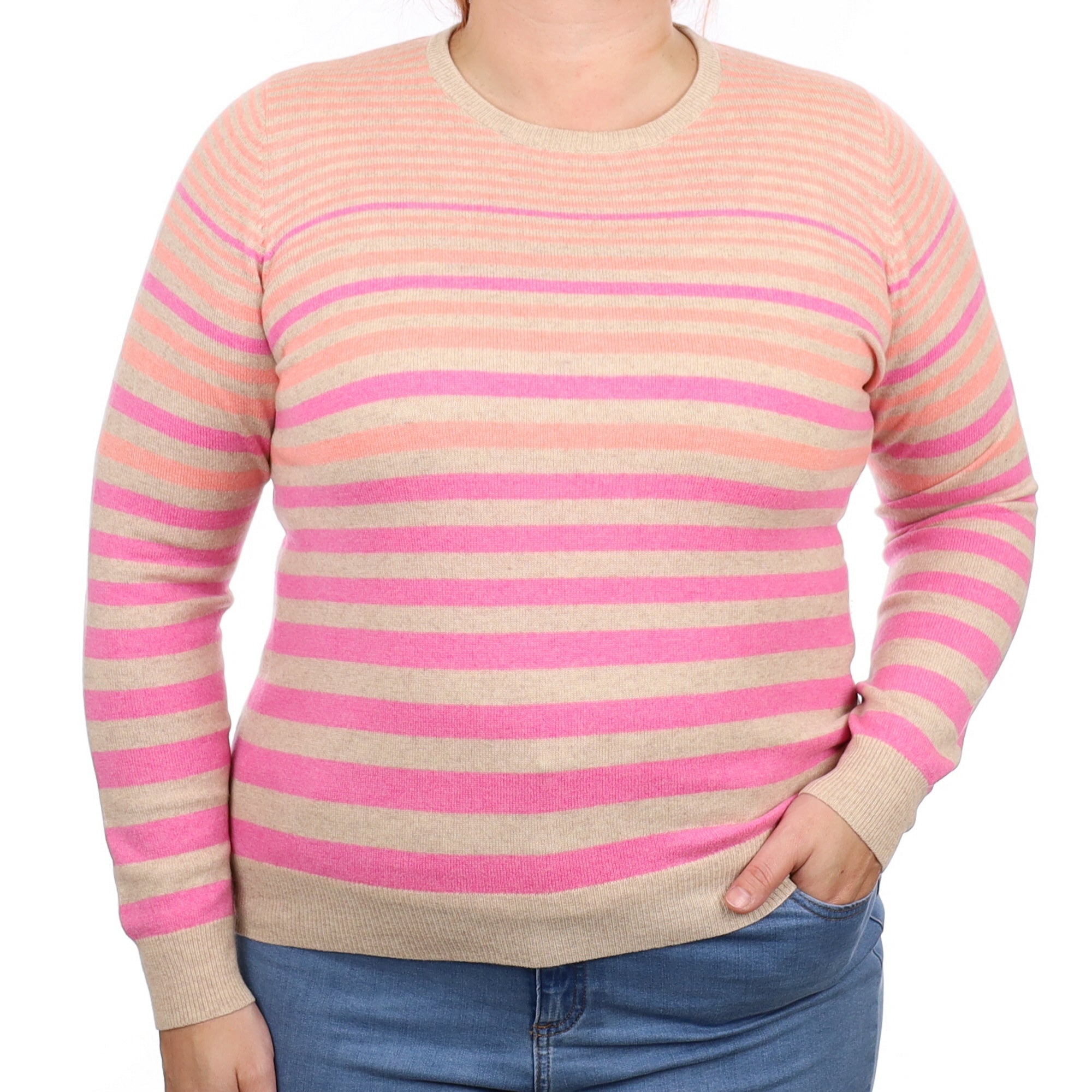 Fawn and Pink Stripe Cashmere Crew Neck Jumper Large