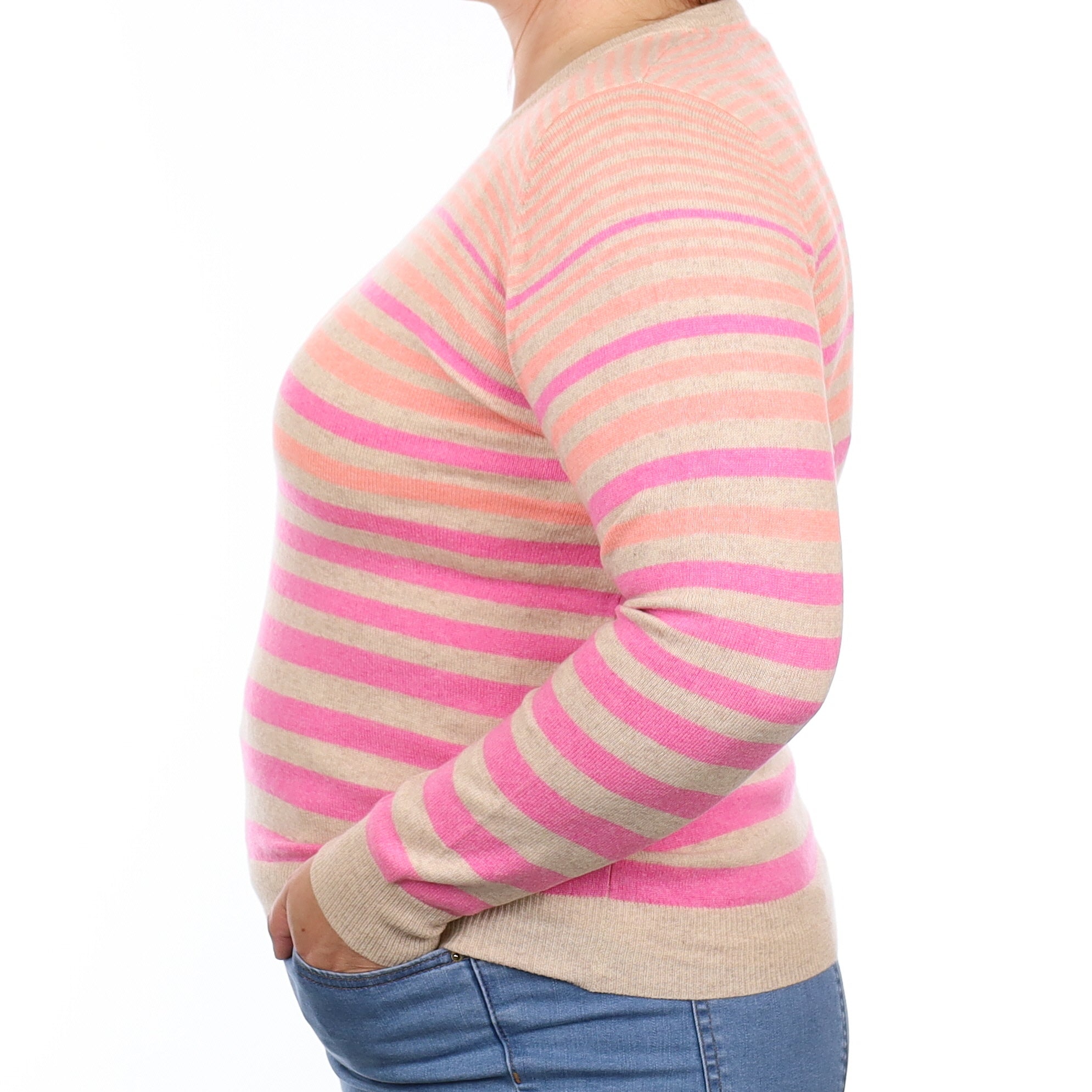 Fawn and Pink Stripe Cashmere Crew Neck Jumper Large