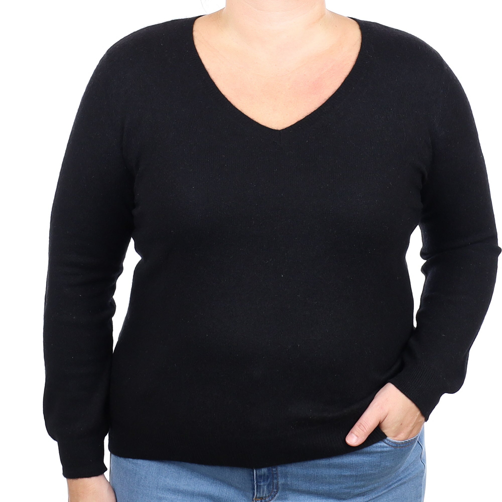 Black Cashmere V Neck Jumper Large