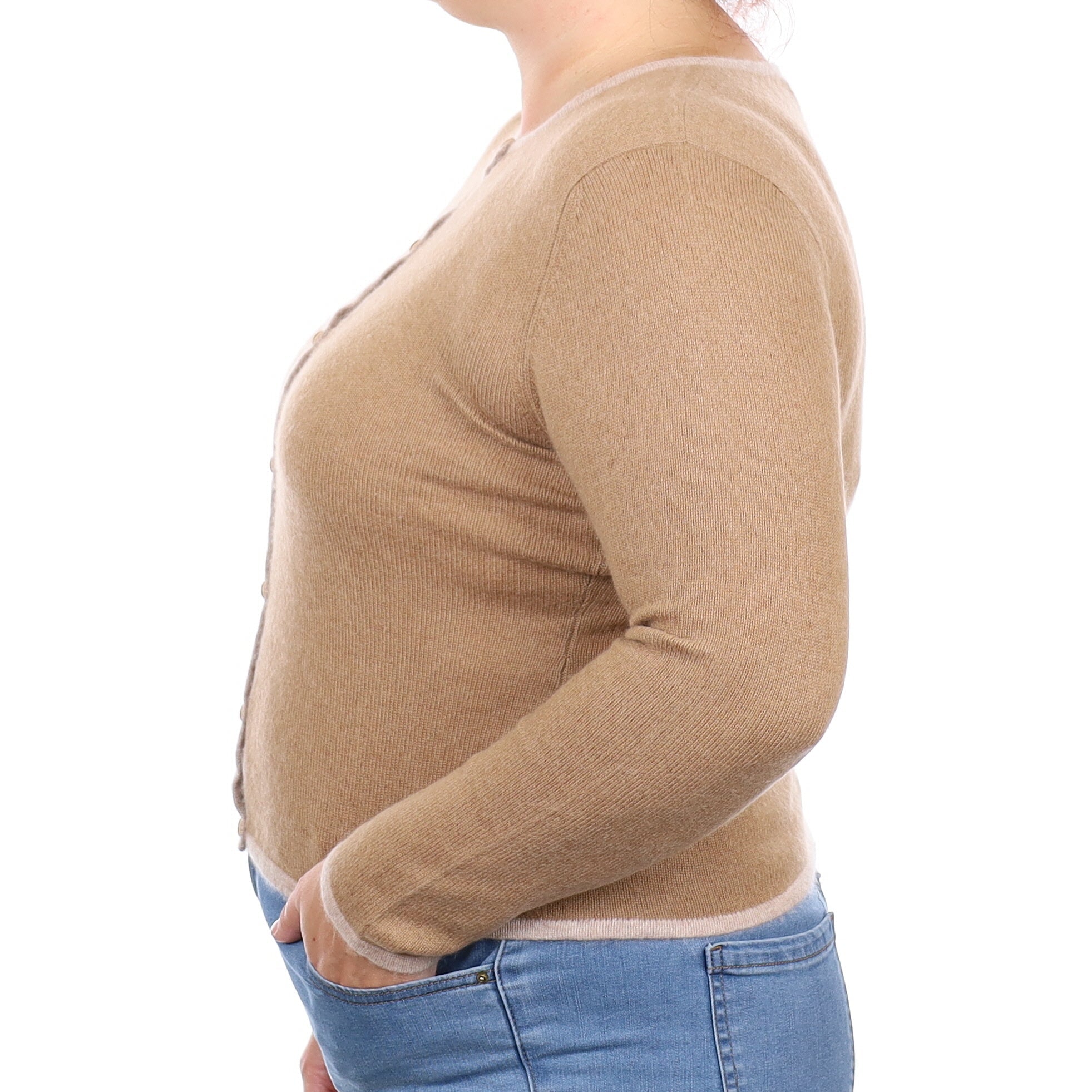 Caramel Cashmere Crew Neck Cardigan With Pocket Large