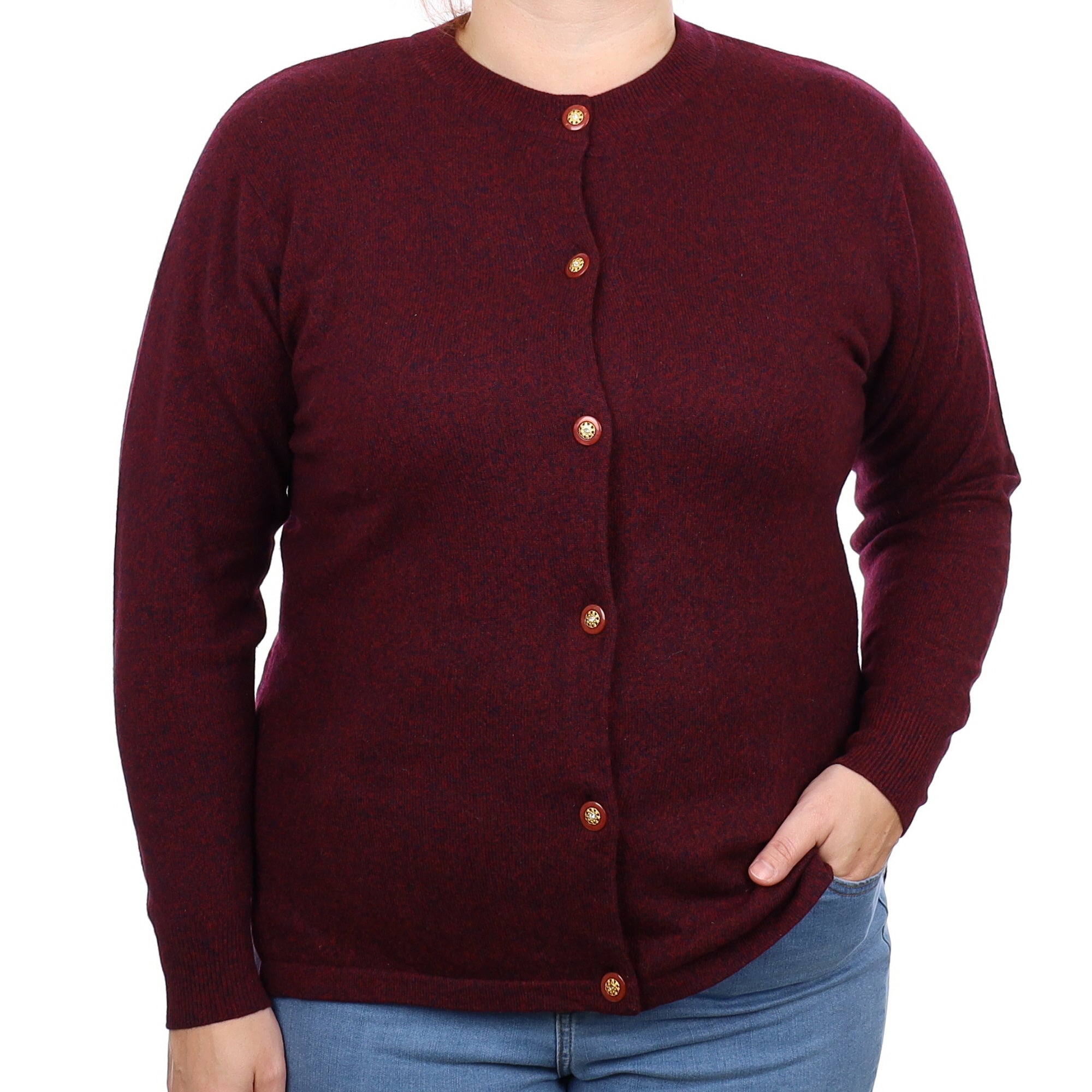 Wine Red Marl Cashmere Crew Neck Cardigan Large