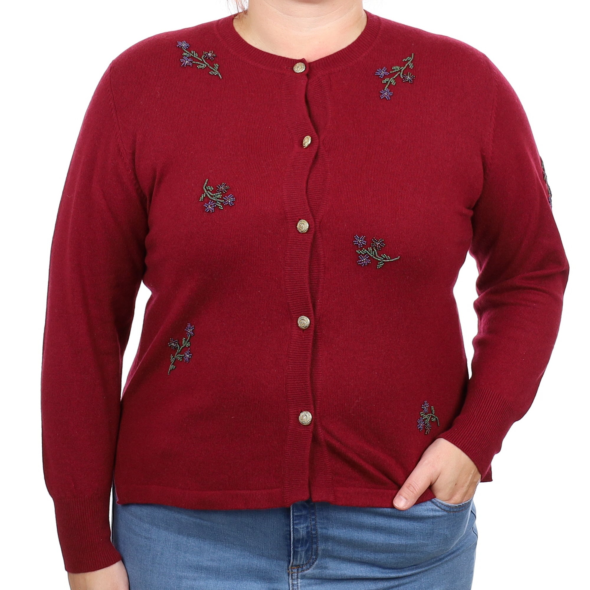 Burgundy Embellished Cashmere Crew Neck Cardigan Large