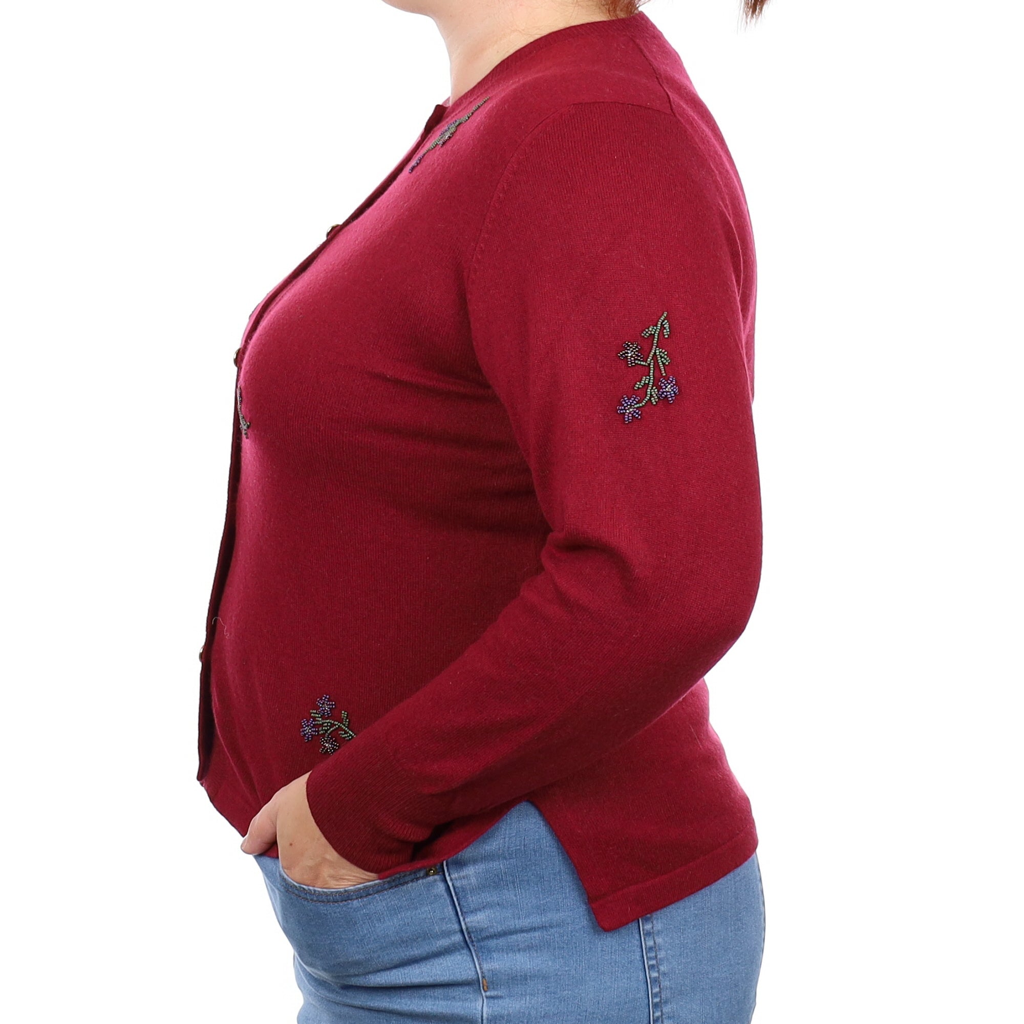 Burgundy Embellished Cashmere Crew Neck Cardigan Large