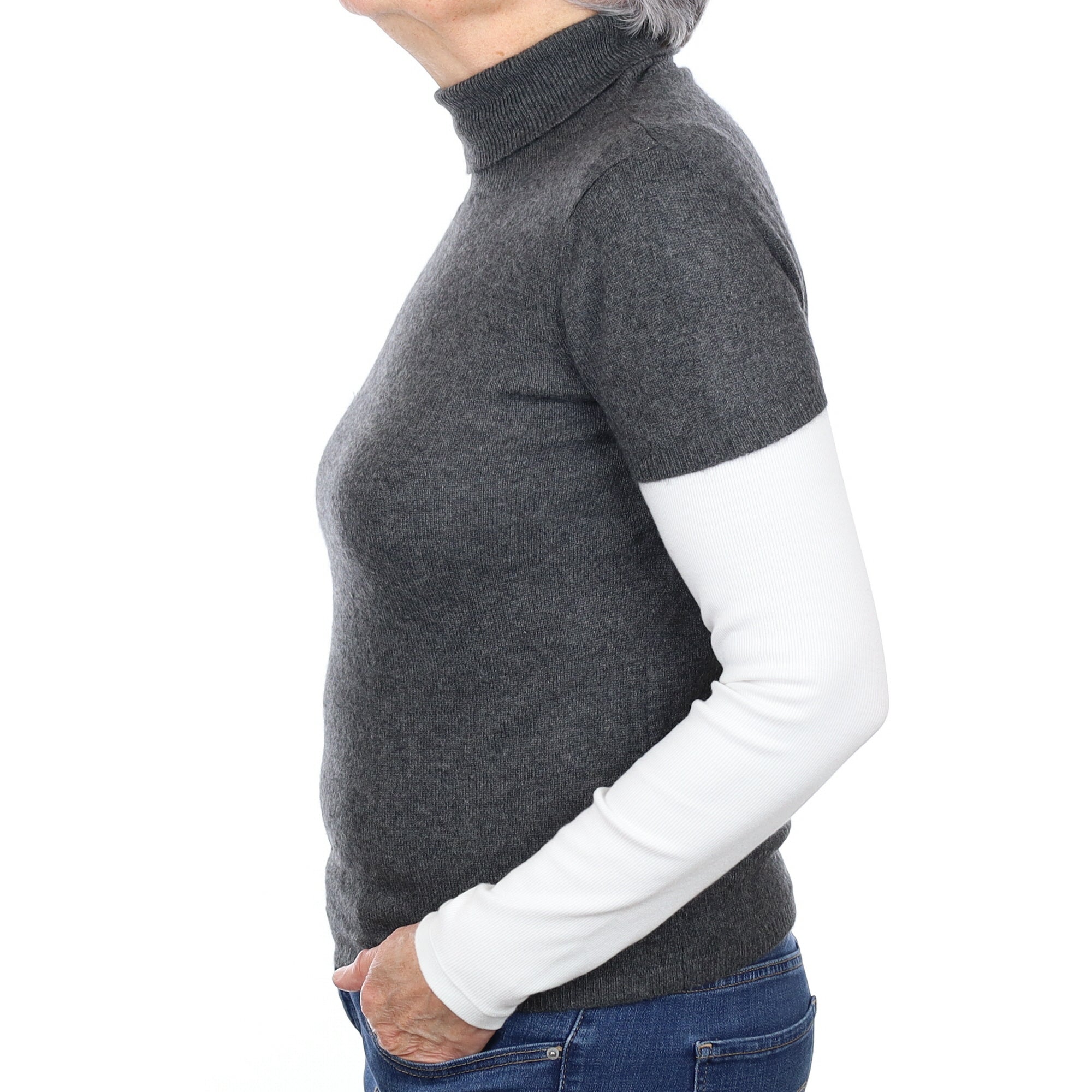 Charcoal Grey Cashmere Short Sleeve Polo Neck Jumper Medium