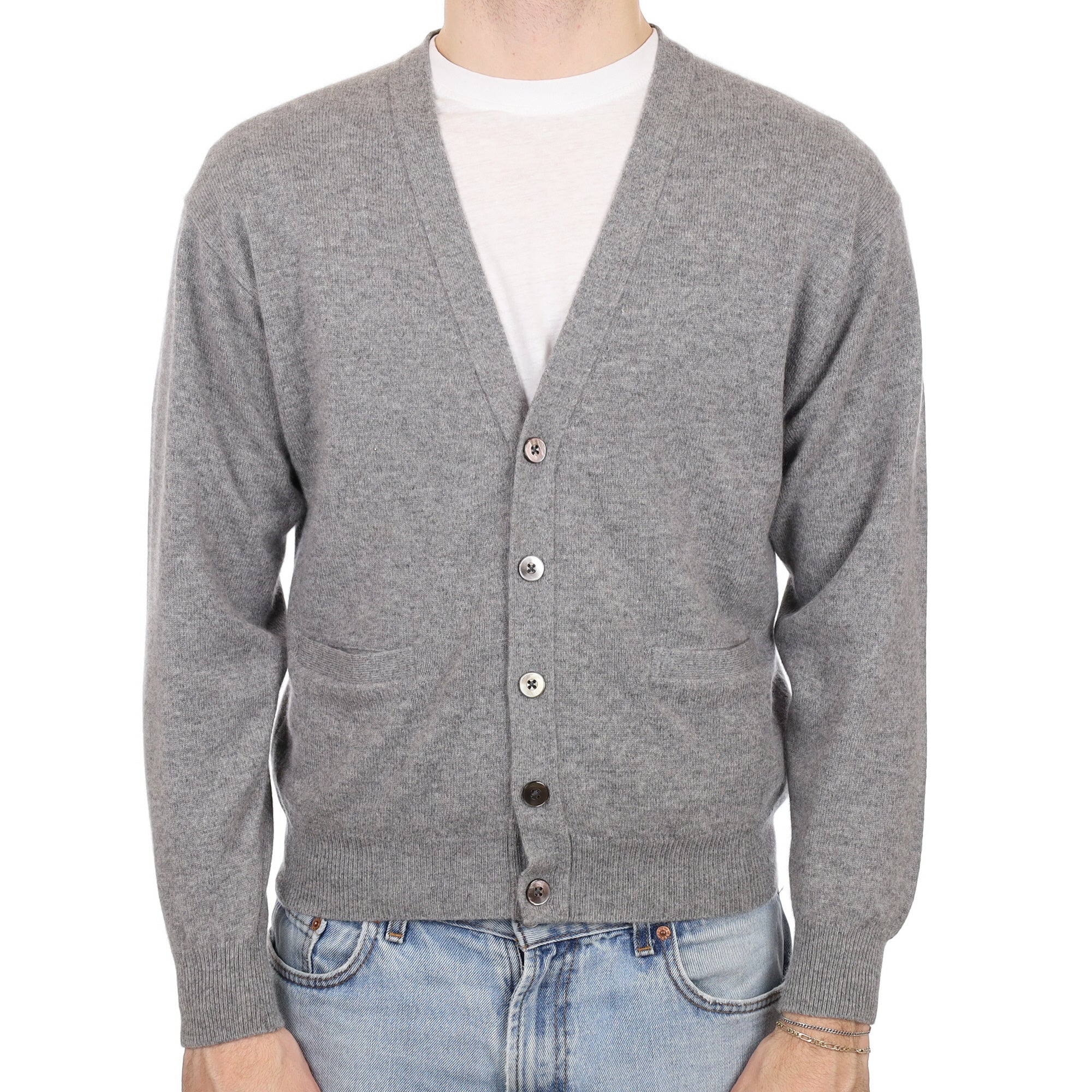Men's Ash Grey Cashmere V Neck Cardigan with Pockets Medium