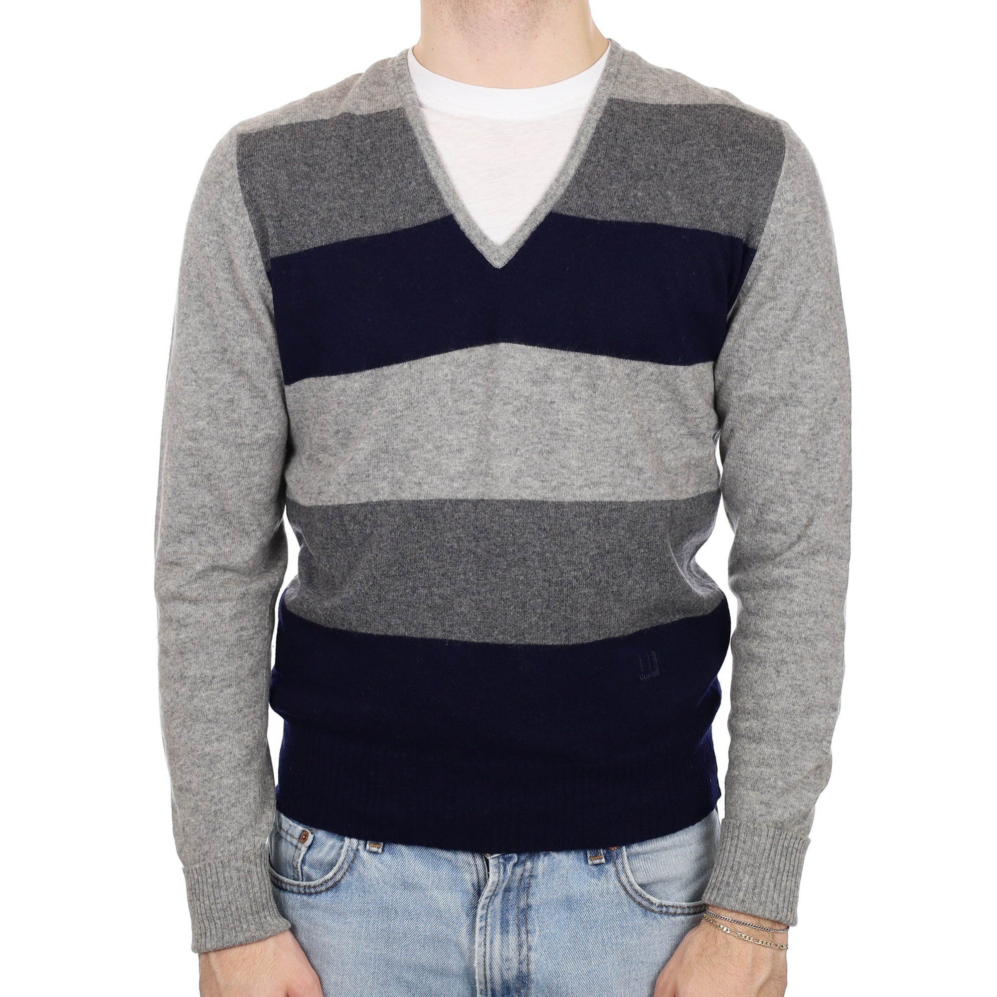 Men's Dunhill Navy and Grey Stripe Cashmere V Neck Jumper Medium